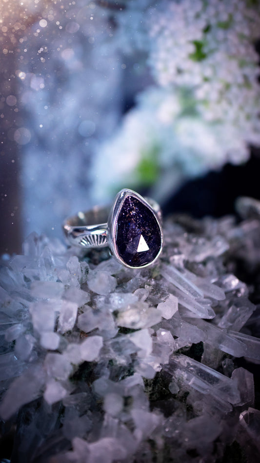 order, Iolite sunstone crystal ring. This ring is handcrafted from 925 sterling silver, with a choice of customisable ring shanks to suit your style. Ideal for crystal and jewellery lovers.