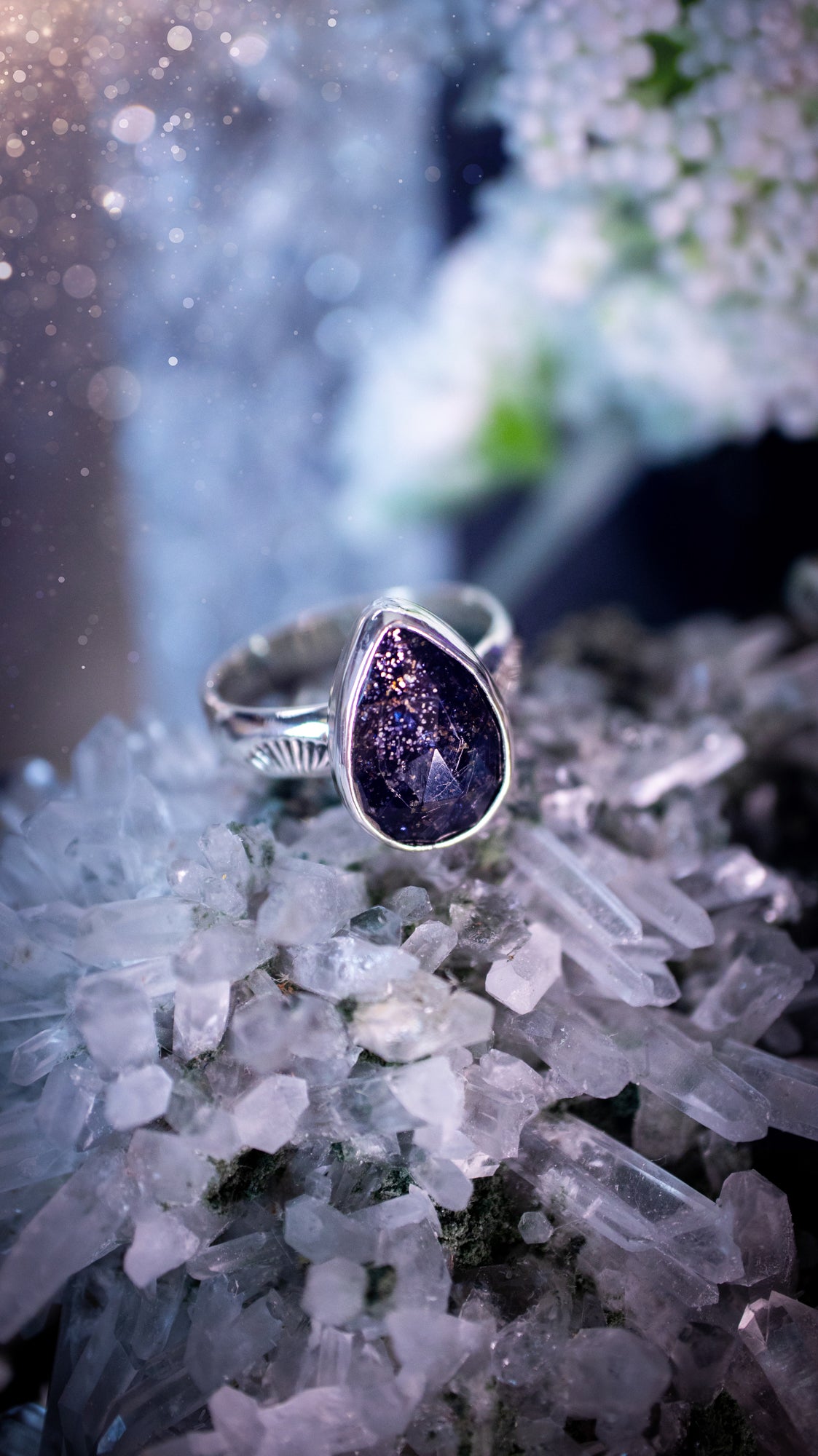 Beautiful and stunning, handmade to order, Iolite sunstone crystal ring. This ring is handcrafted from 925 sterling silver, with a choice of customisable ring shanks to suit your style. Ideal for crystal and jewellery lovers.