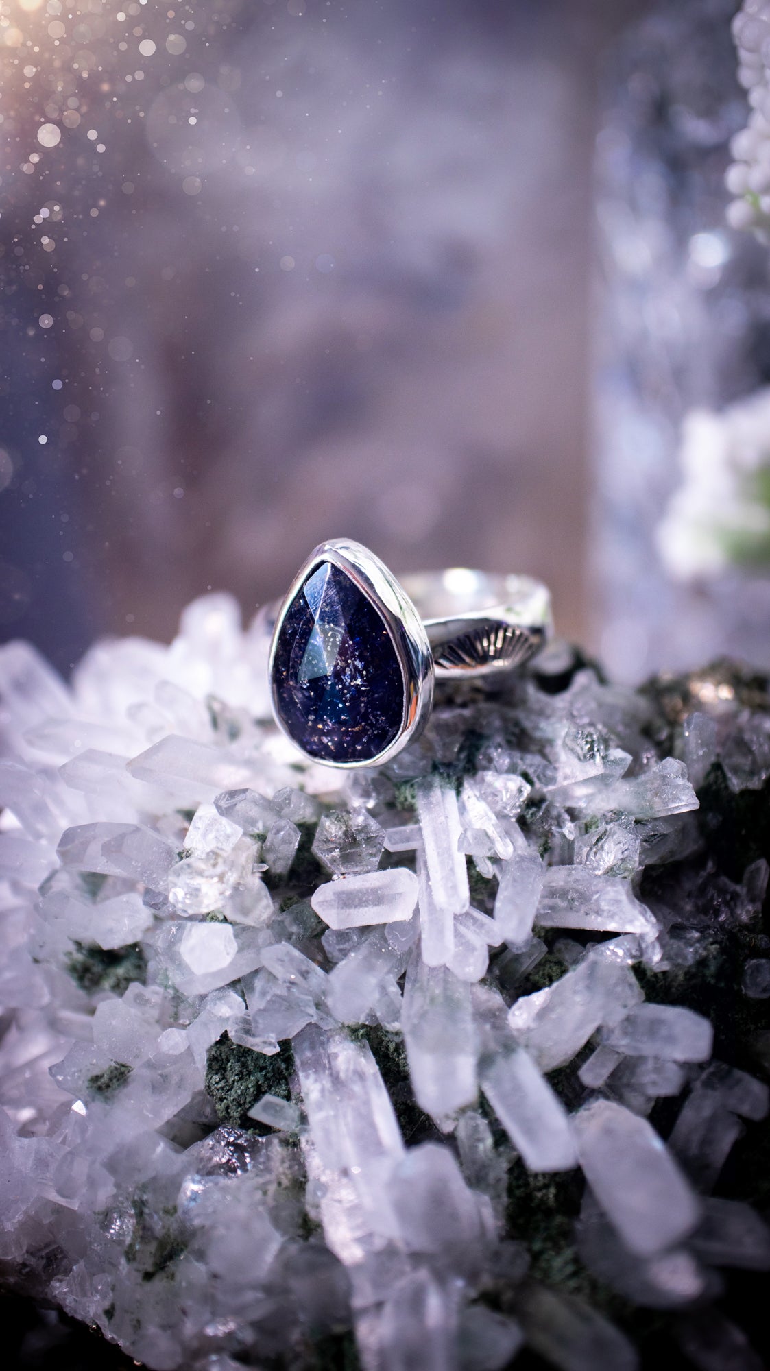 order, Iolite sunstone crystal ring. This ring is handcrafted from 925 sterling silver, with a choice of customisable ring shanks to suit your style. Ideal for crystal and jewellery lovers.