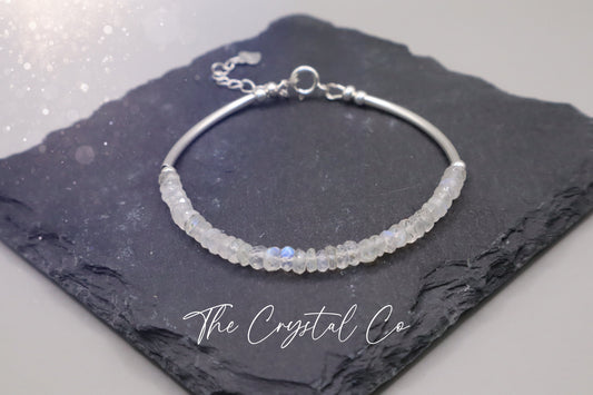 Dainty Beautiful handmade Rainbow Moonstone bracelet with 925 sterling silver tubing, beads and findings March Birthstone