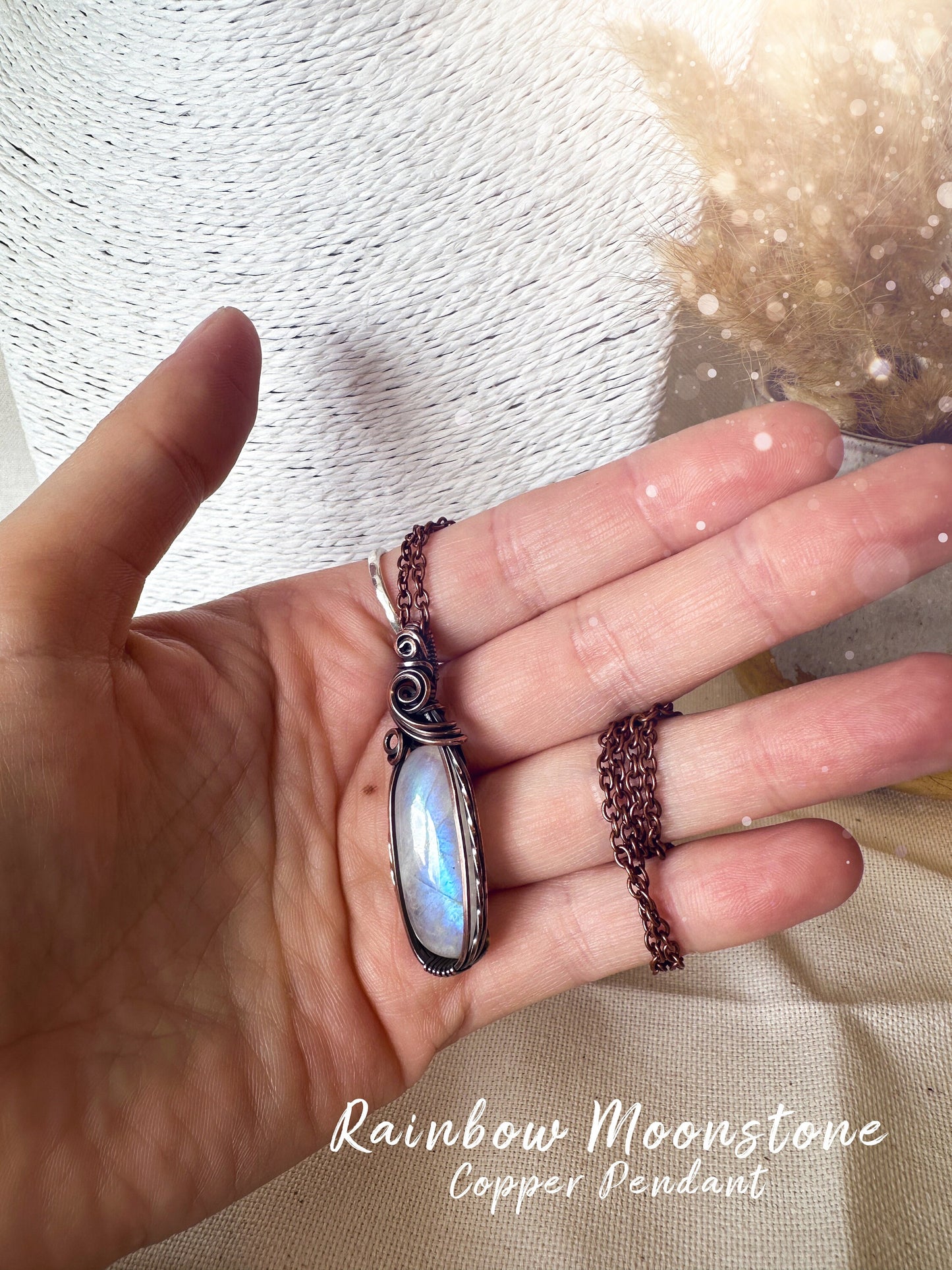 Beautifully hand wrapped, rainbow moonstone, copper pendant necklace. This pendant features a beautiful rainbow moonstone which is the birthstone for June. Wrapped in copper wire into a gorgeous pendant. Ideal for crystal and jewellery lovers. Gothic