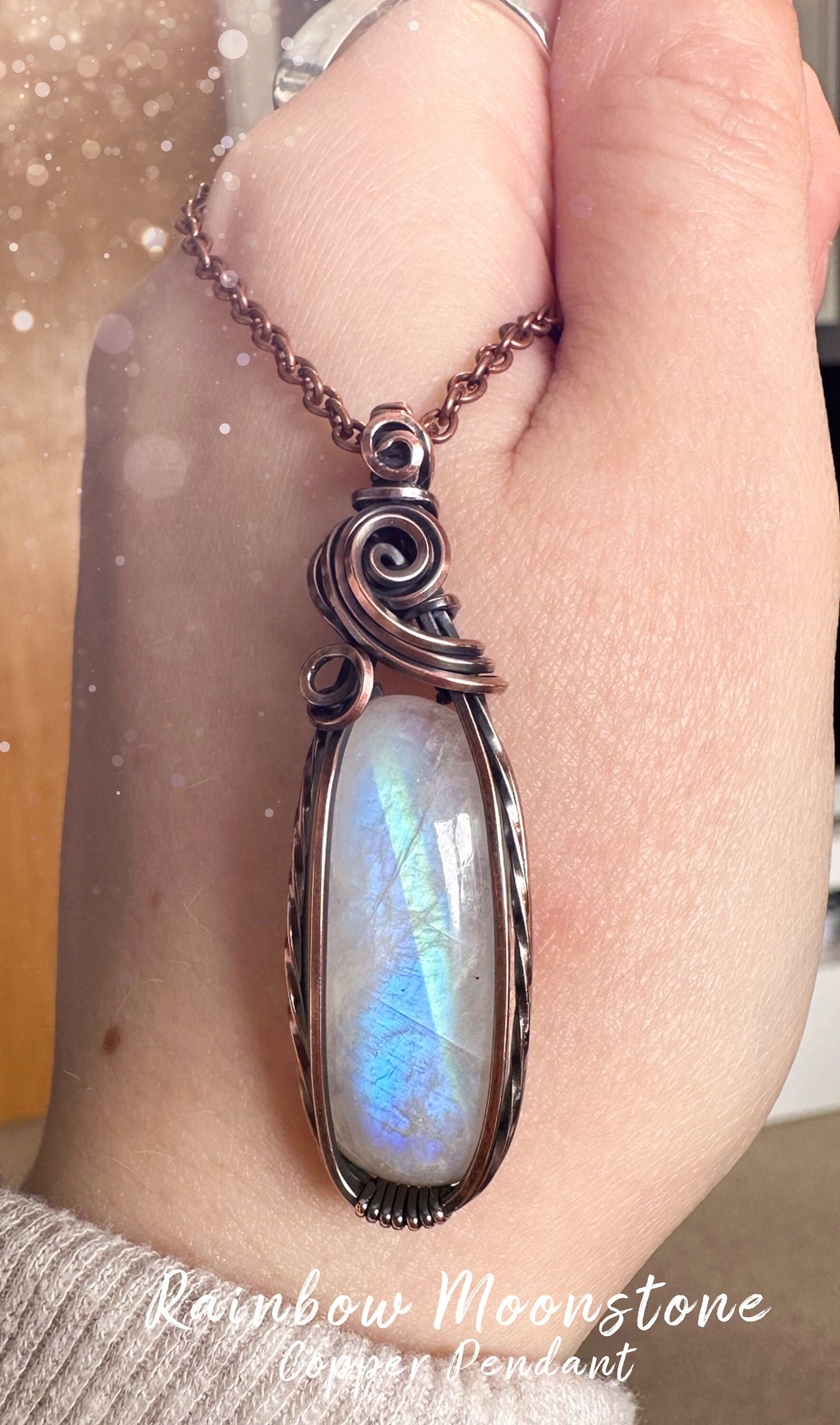 Beautifully hand wrapped, rainbow moonstone, copper pendant necklace. This pendant features a beautiful rainbow moonstone which is the birthstone for June. Wrapped in copper wire into a gorgeous pendant. Ideal for crystal and jewellery lovers. Gothic