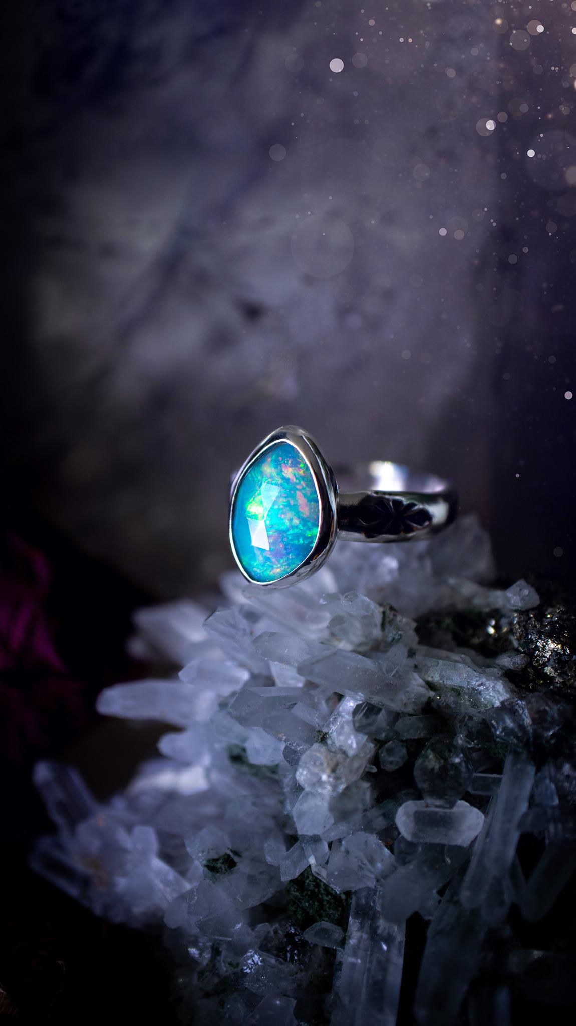 Handmade and beautiful, natural, Ethiopian welo opal, sterling silver stacking ring. This beautiful ring is a size O 1/2 and features the most stunning sparkly opal. Made from recycled fine and sterling silver with a thick stamped ring shank. The ideal gift for any crystal or jewellery lover. Opal is the birthstone for October. Gothic and witchy jewellery, hippy and bohemian.