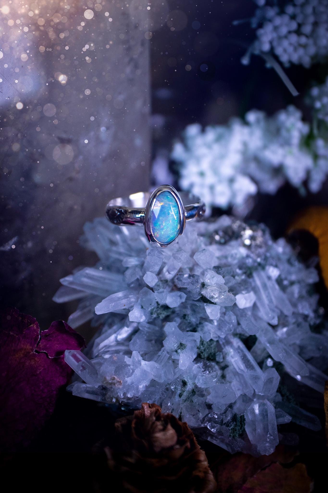Handmade and beautiful, natural, Ethiopian welo opal, sterling silver stacking ring. This beautiful ring is a size T and features the most stunning sparkly opal. Made from recycled fine and sterling silver with a thick stamped ring shank. The ideal gift for any crystal or jewellery lover. Opal is the birthstone for October. Gothic and witchy jewellery, hippy and bohemian.