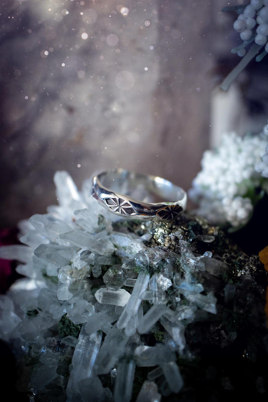 Handmade and unique, sterling silver, 4mm thick ring band. This beautiful ring band features a unique, gothic stamp design which has been polished to a high finish. Made to oder in your required size. A lovely little stacking ring ideal for gifting to a loved one or to keep for yourself. Ideal for birthdays, anniversaries, graduations and more. Bohemian and hippy jewellery.