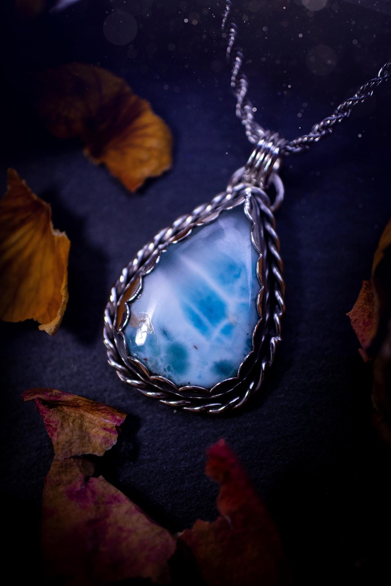 Unique and handmade, larimar pendant necklace. This Pendant has been made from recycled fine and sterling silver and features scallop and twisted wire detail around the crystal. The larimar is A grade quality and would make the ideal gift for jewellery and crystal lovers. A crystal just like the ocean