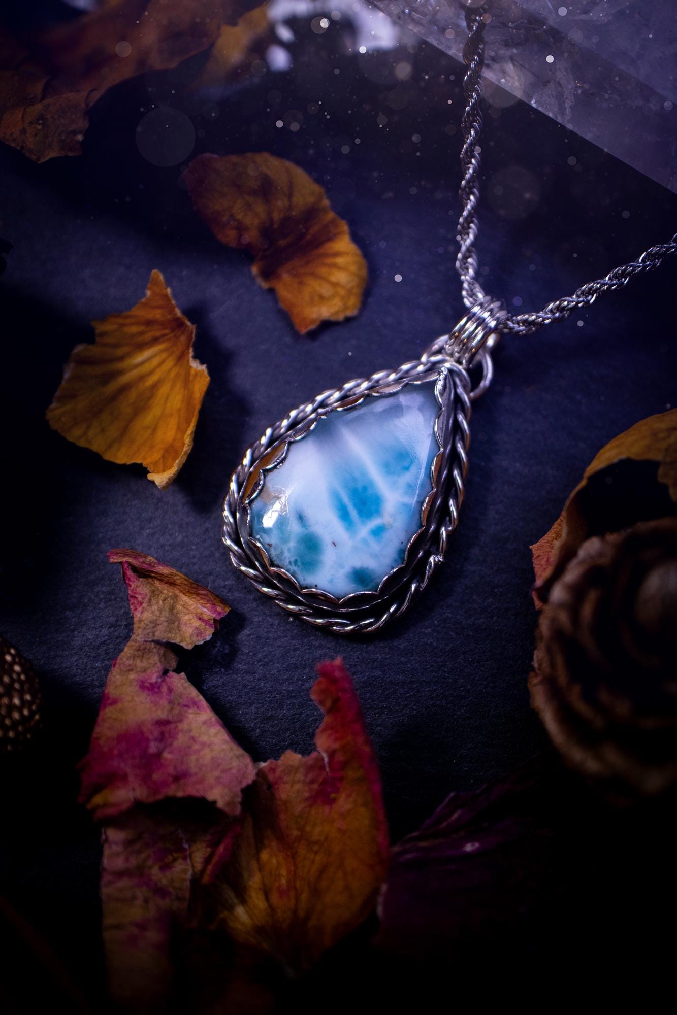 Unique and handmade, larimar pendant necklace. This Pendant has been made from recycled fine and sterling silver and features scallop and twisted wire detail around the crystal. The larimar is A grade quality and would make the ideal gift for jewellery and crystal lovers. A crystal just like the ocean