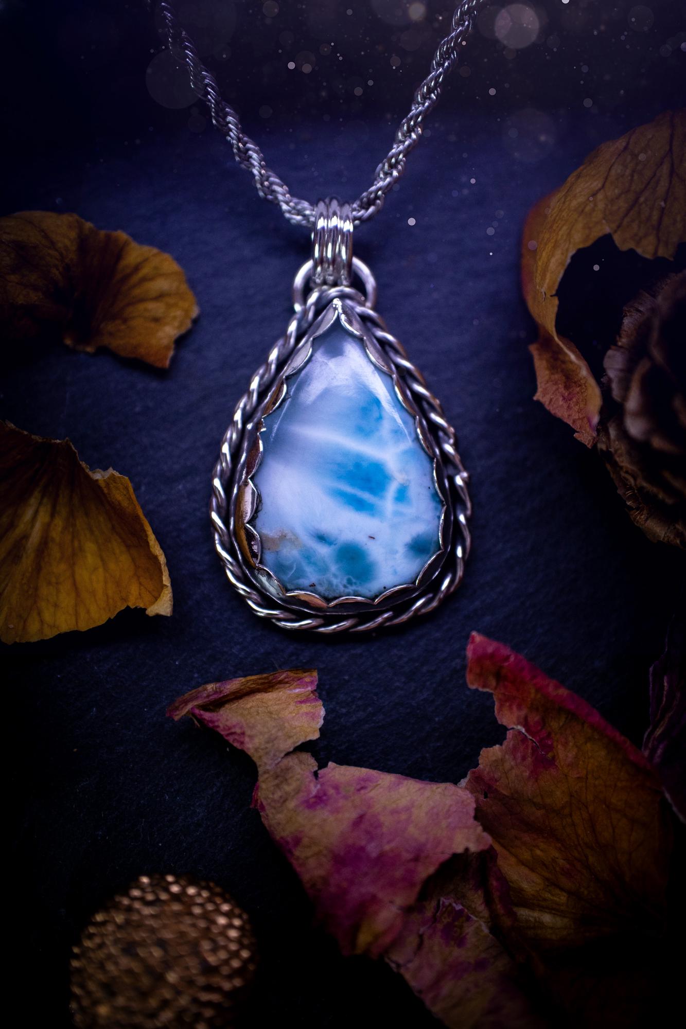 Unique and handmade, larimar pendant necklace. This Pendant has been made from recycled fine and sterling silver and features scallop and twisted wire detail around the crystal. The larimar is A grade quality and would make the ideal gift for jewellery and crystal lovers. A crystal just like the ocean