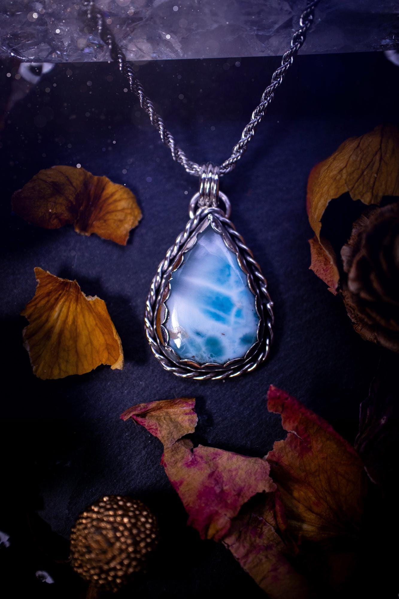 Unique and handmade, larimar pendant necklace. This Pendant has been made from recycled fine and sterling silver and features scallop and twisted wire detail around the crystal. The larimar is A grade quality and would make the ideal gift for jewellery and crystal lovers. A crystal just like the ocean