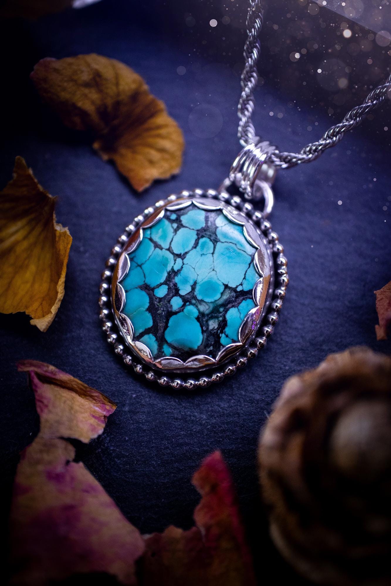Unique and handmade, turquoise crystal pendant necklace. This Pendant has been made from recycled fine and sterling silver and features scallop and beaded wire detail around the crystal. The turquoise is A grade quality and would make the ideal gift for jewellery and crystal lovers. A crystal just like the ocean