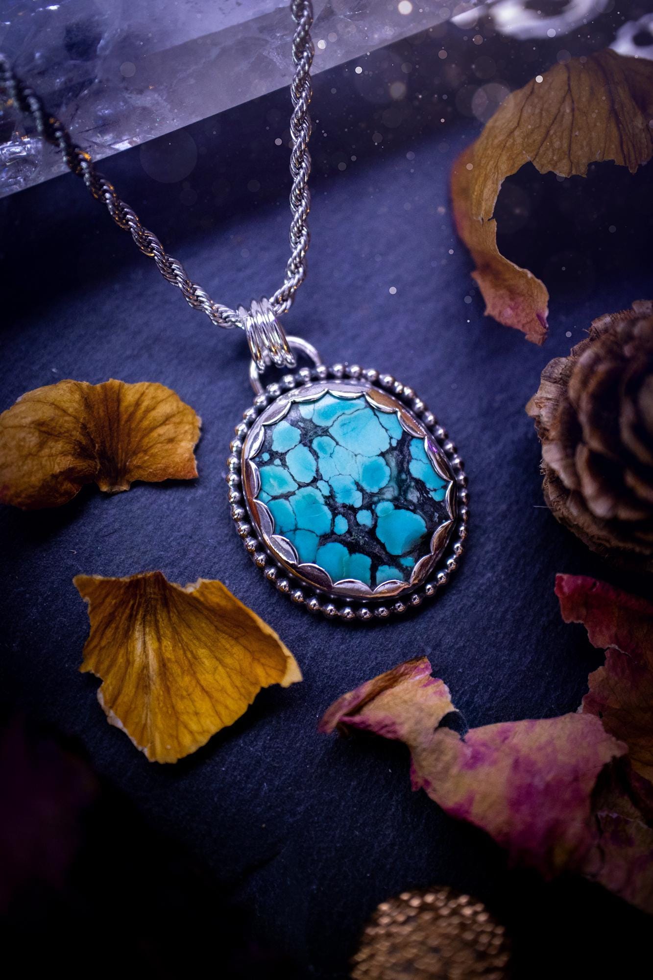 Unique and handmade, turquoise crystal pendant necklace. This Pendant has been made from recycled fine and sterling silver and features scallop and beaded wire detail around the crystal. The turquoise is A grade quality and would make the ideal gift for jewellery and crystal lovers. A crystal just like the ocean