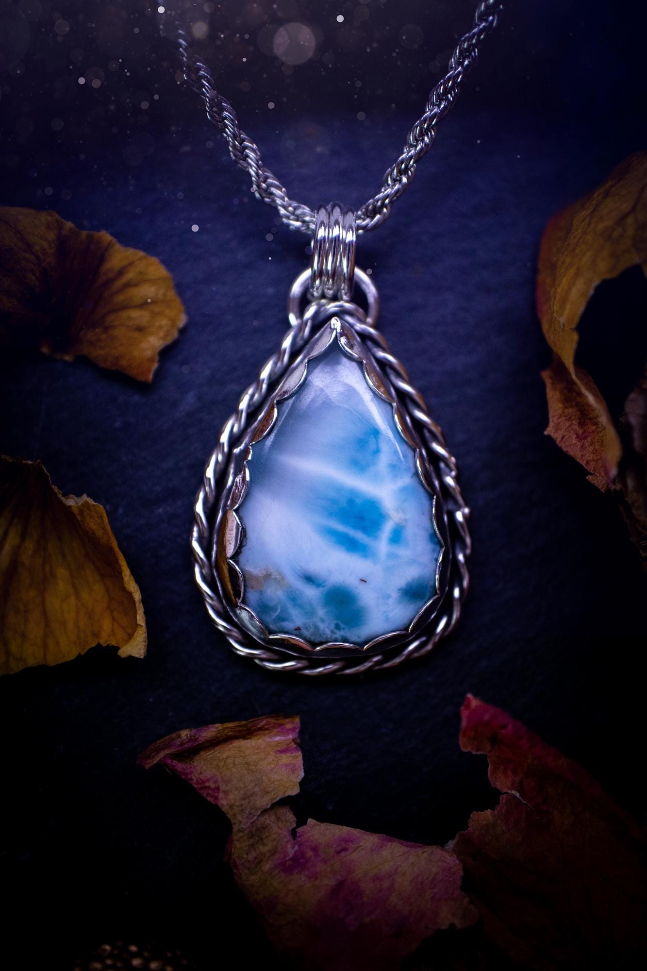 Unique and handmade, larimar pendant necklace. This Pendant has been made from recycled fine and sterling silver and features scallop and twisted wire detail around the crystal. The larimar is A grade quality and would make the ideal gift for jewellery and crystal lovers. A crystal just like the ocean