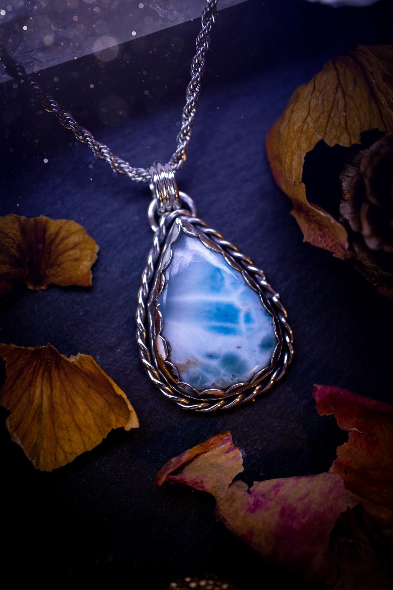 Unique and handmade, larimar pendant necklace. This Pendant has been made from recycled fine and sterling silver and features scallop and twisted wire detail around the crystal. The larimar is A grade quality and would make the ideal gift for jewellery and crystal lovers. A crystal just like the ocean