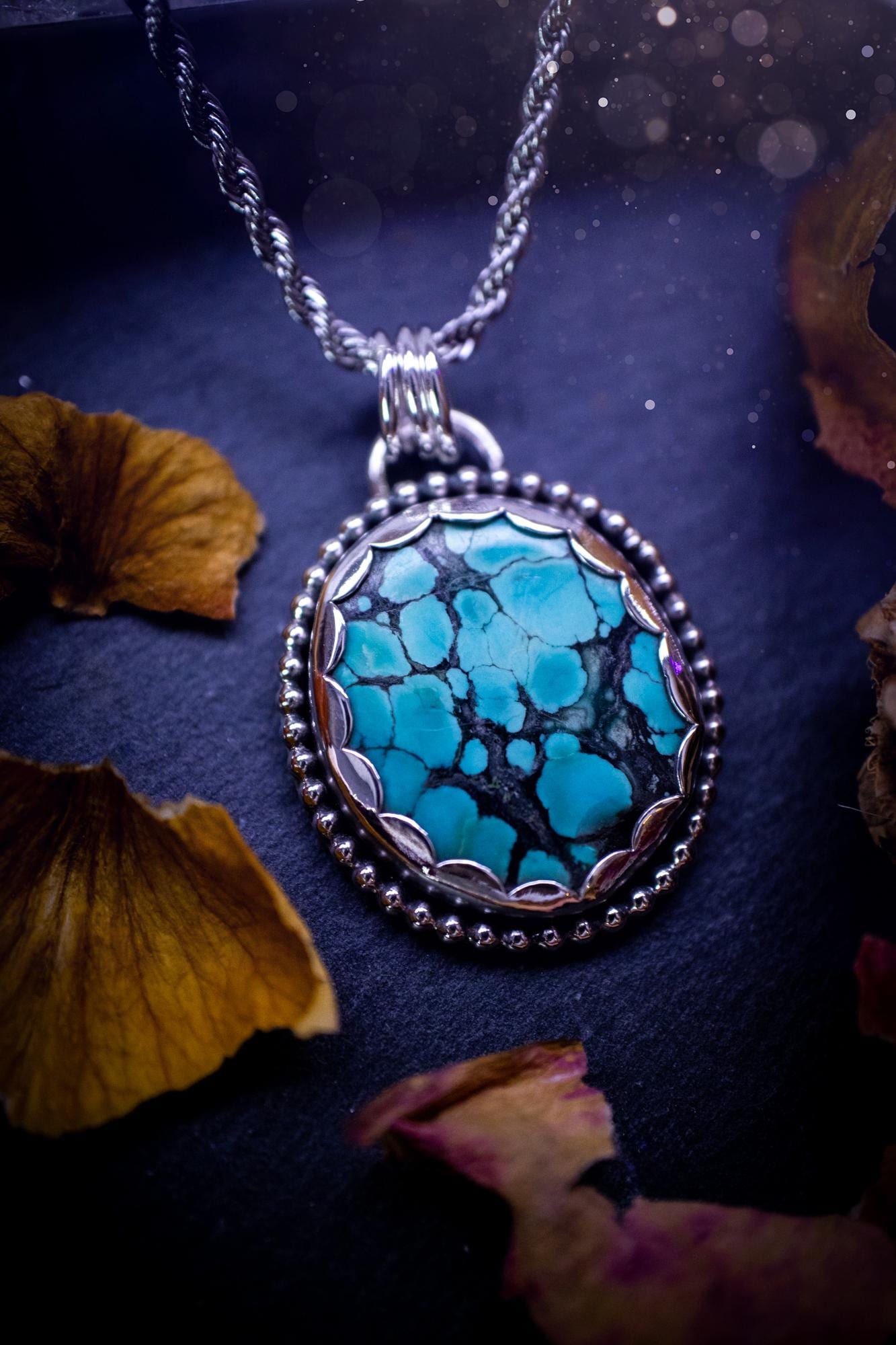 Unique and handmade, turquoise crystal pendant necklace. This Pendant has been made from recycled fine and sterling silver and features scallop and beaded wire detail around the crystal. The turquoise is A grade quality and would make the ideal gift for jewellery and crystal lovers. A crystal just like the ocean