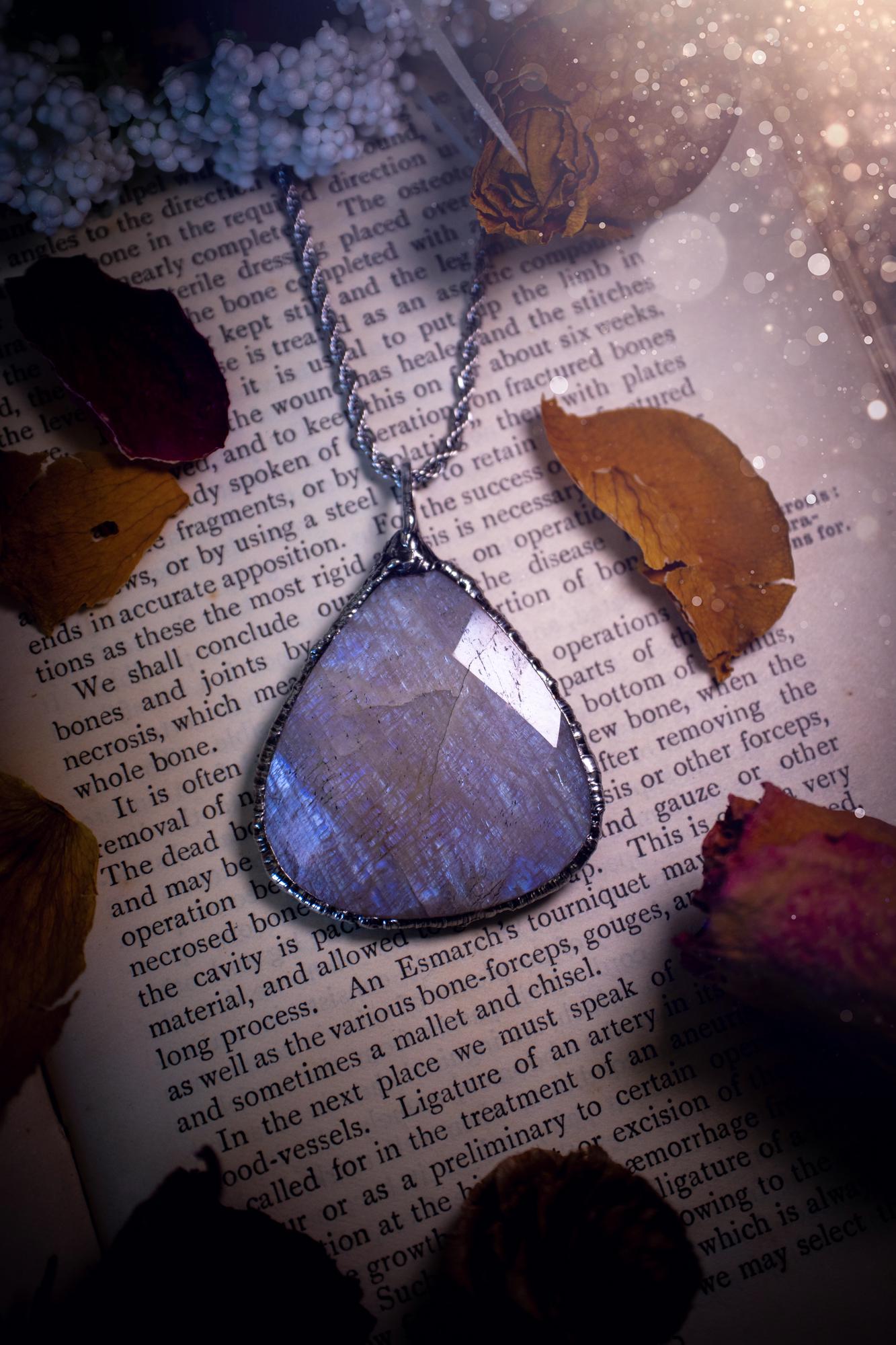 Handmade, rose cut belomorite moonstone, soft soldered pendant necklace - crystal jewellery gifts for her