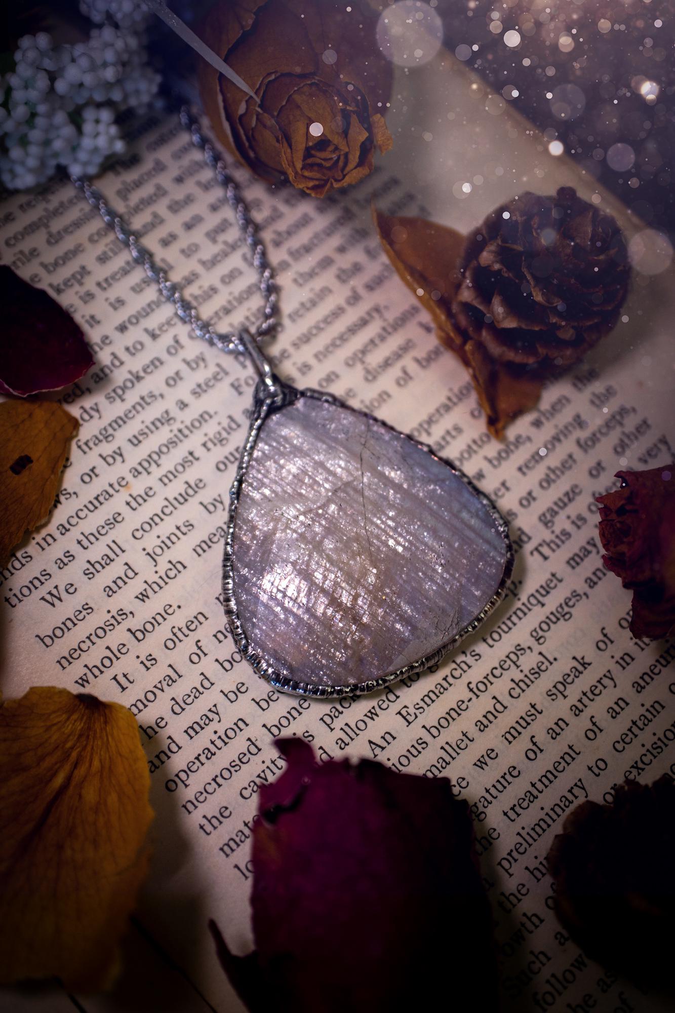 Handmade, rose cut belomorite moonstone, soft soldered pendant necklace - crystal jewellery gifts for her