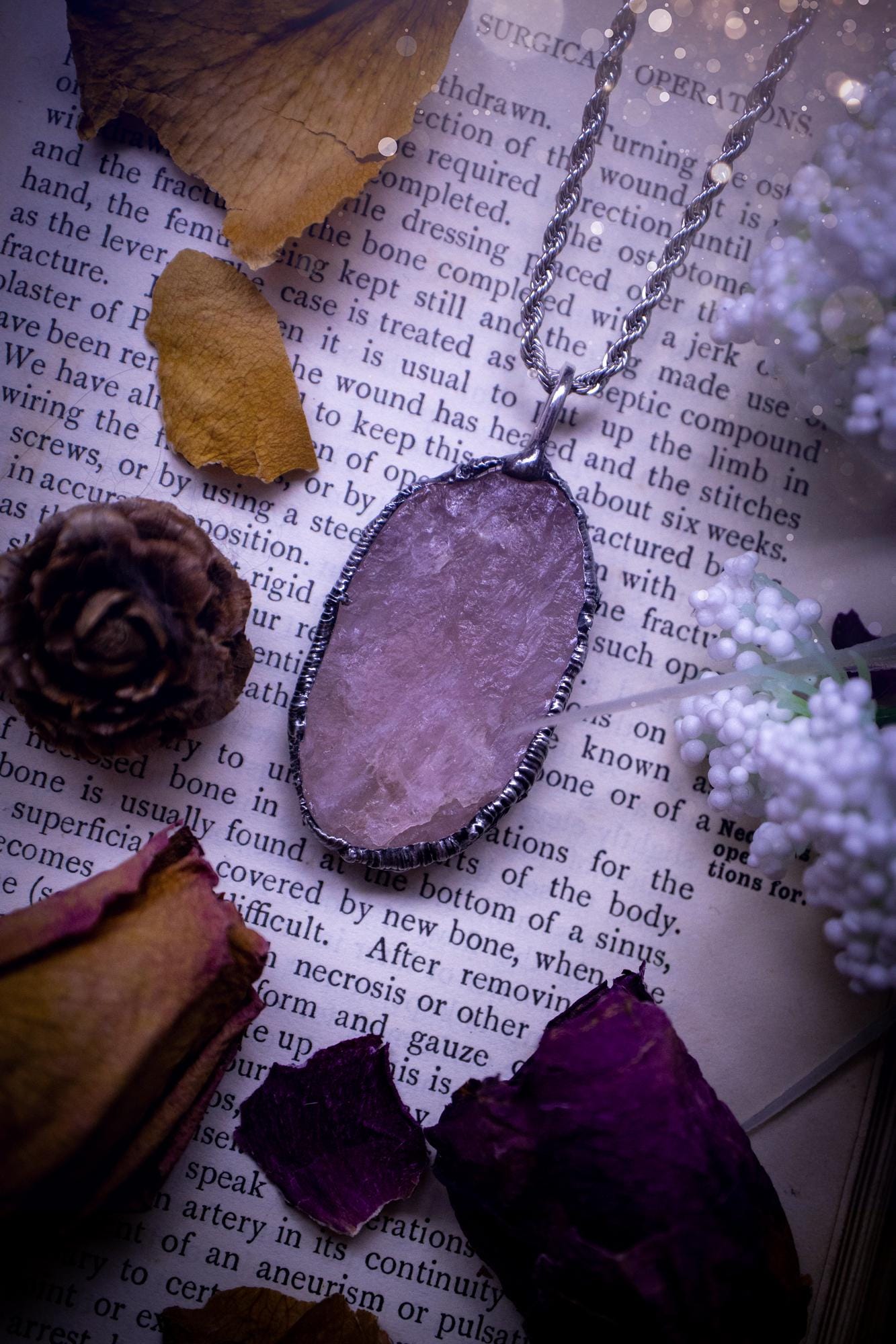 Natures finest, beautiful and raw, rose quartz, soft soldered crystal pendant necklace. This piece of jewellery is carefully handmade using the soft solder method, also known as the tiffany technique. Featuring the most natural and stunning, raw, rose quartz crystal full of pink hues. A very unique piece of jewellery. This pendant necklace would be ideal for any special occasion and for gifting to a loved one. Witchy and gothic jewellery created for the soul.