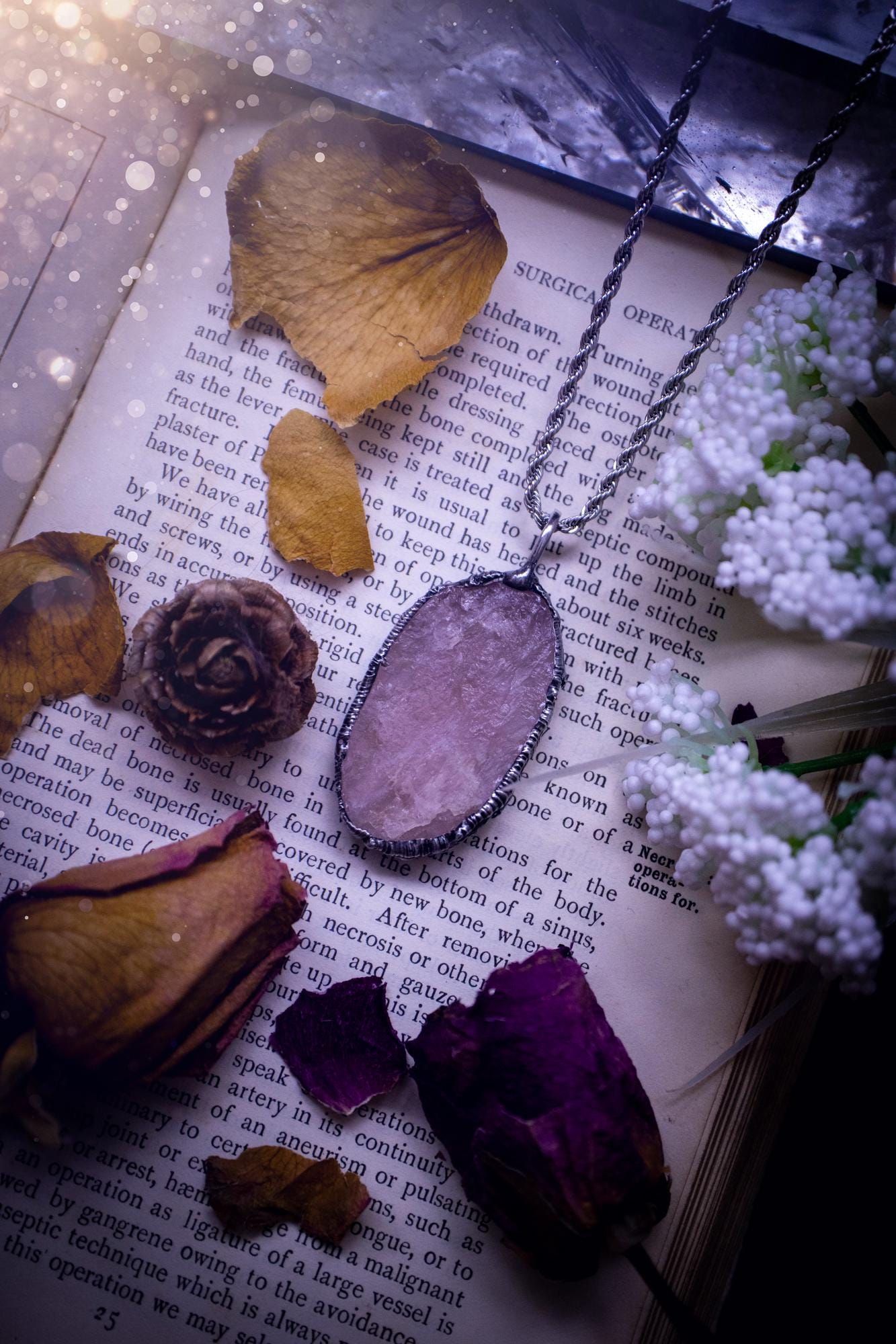 Natures finest, beautiful and raw, rose quartz, soft soldered crystal pendant necklace. This piece of jewellery is carefully handmade using the soft solder method, also known as the tiffany technique. Featuring the most natural and stunning, raw, rose quartz crystal full of pink hues. A very unique piece of jewellery. This pendant necklace would be ideal for any special occasion and for gifting to a loved one. Witchy and gothic jewellery created for the soul.