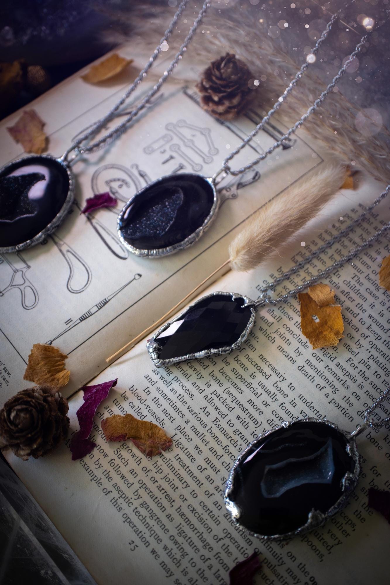 Beautiful and handcrafted, black druzy agate, crystal pendant necklace. This one of a kind piece of jewellery has been hand made using the tiffany technique, also known as soft soldering. The bezel is made with a solder that is lead free and contains elements of silver so when polished a high lustre is achieved. Featuring a large druzy agate with beautiful sparkle and banding. This is the ideal gift for any crystal or jewellery lover that likes a gothic and witchy vibe and aesthetic.