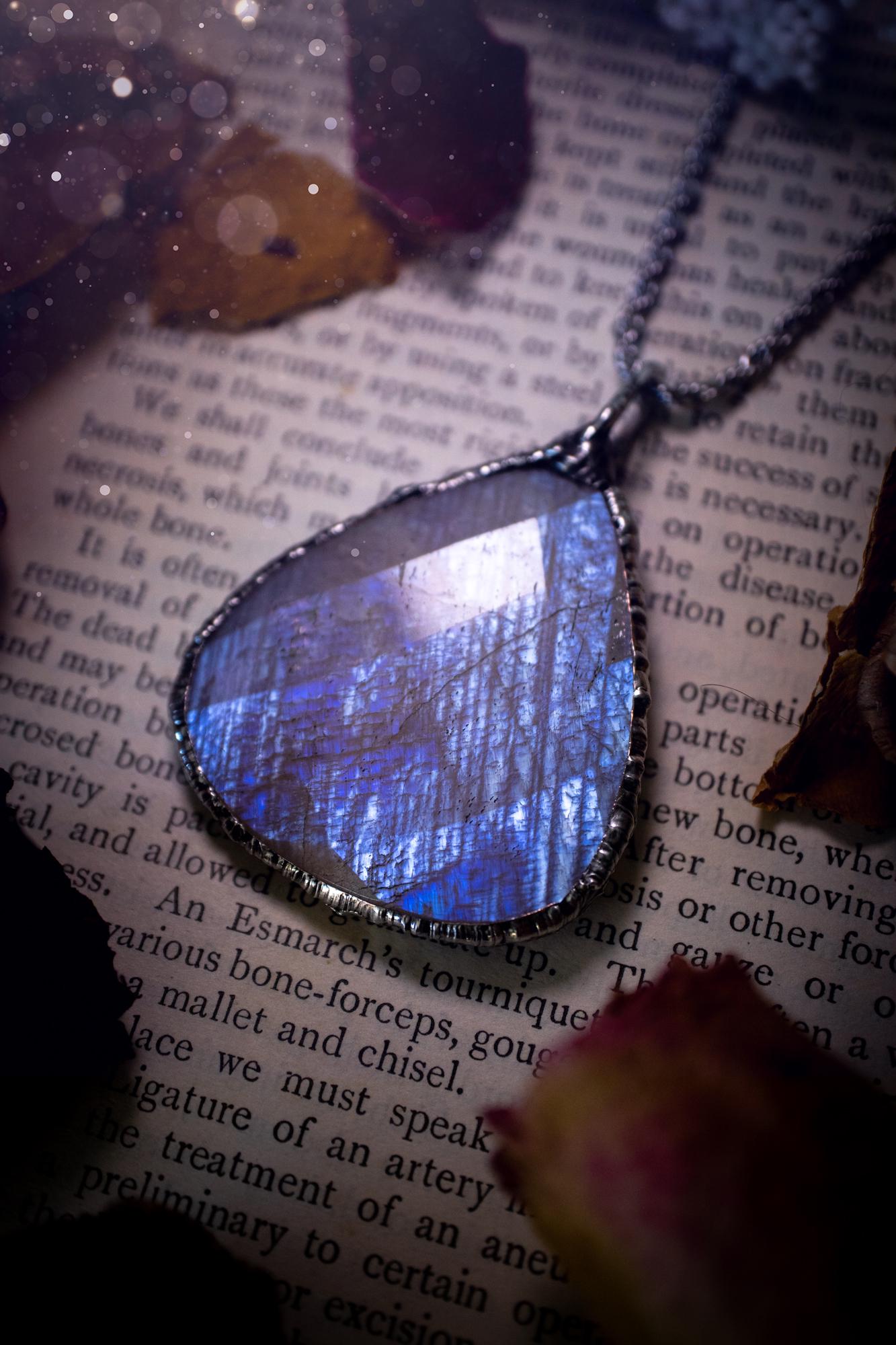 Handmade, rose cut belomorite moonstone, soft soldered pendant necklace - crystal jewellery gifts for her