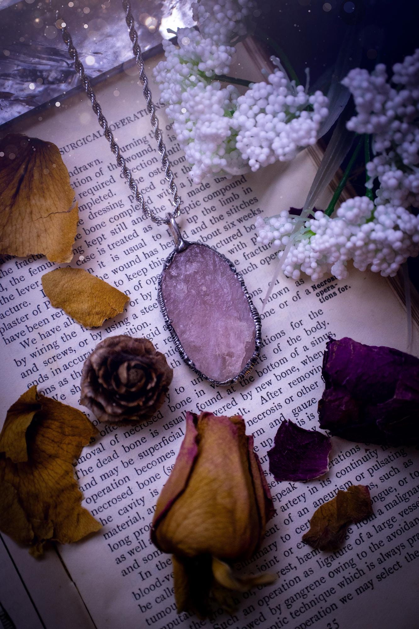 Natures finest, beautiful and raw, rose quartz, soft soldered crystal pendant necklace. This piece of jewellery is carefully handmade using the soft solder method, also known as the tiffany technique. Featuring the most natural and stunning, raw, rose quartz crystal full of pink hues. A very unique piece of jewellery. This pendant necklace would be ideal for any special occasion and for gifting to a loved one. Witchy and gothic jewellery created for the soul.
