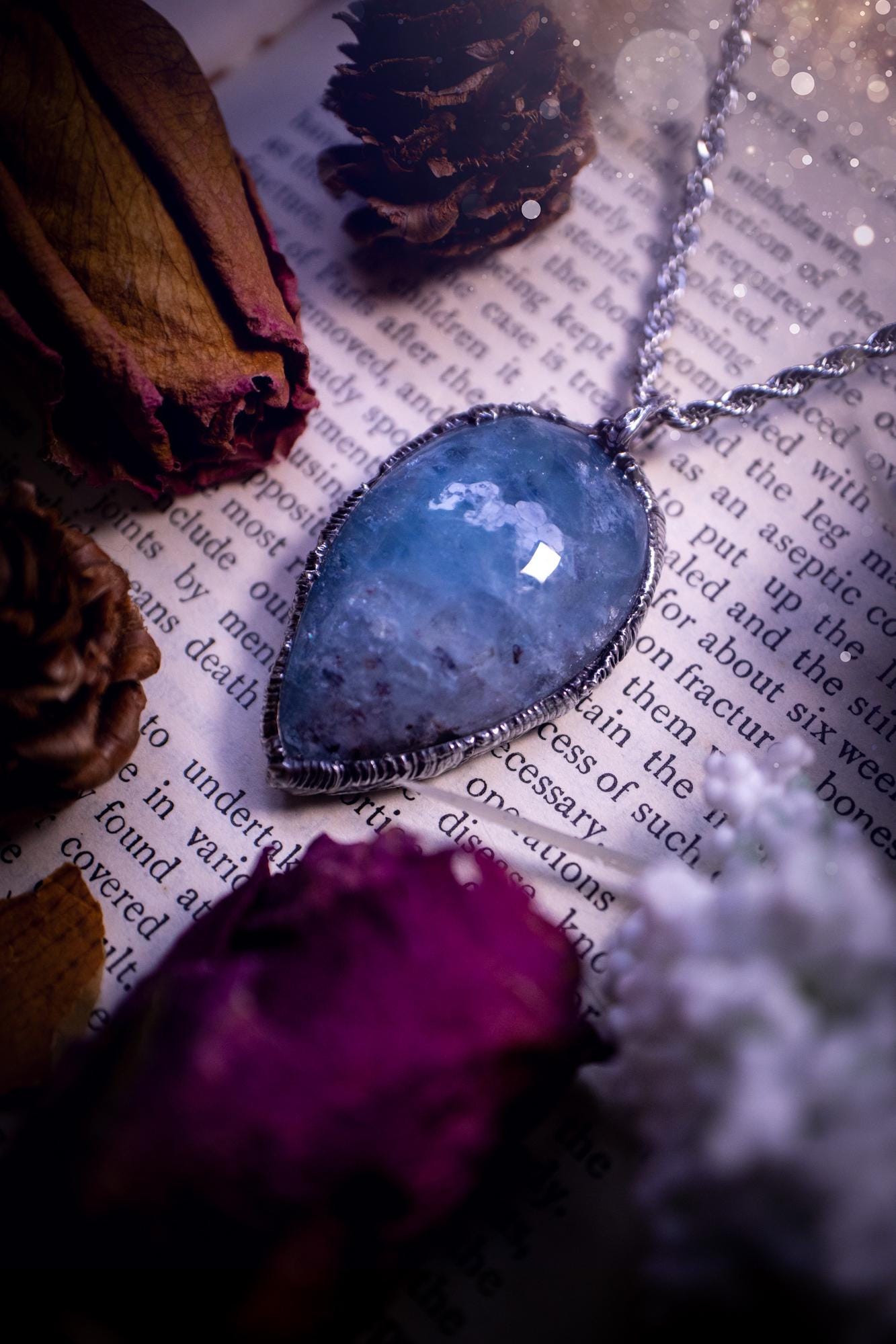Beautiful and gemmy, large aquamarine soft soldered pendant necklace. This pendant feature the most gemmy, deep blue aquamarine crystal and is full of flash with shimmer! Handmade using the tiffany technique, also known as soft soldering. This piece is made from solder which contains metals and silver and is safe to wear. The ideal gift for any jewellery lover and crystal collector! Witchy, gothic and hippy jewellery that has been made for the soul.
