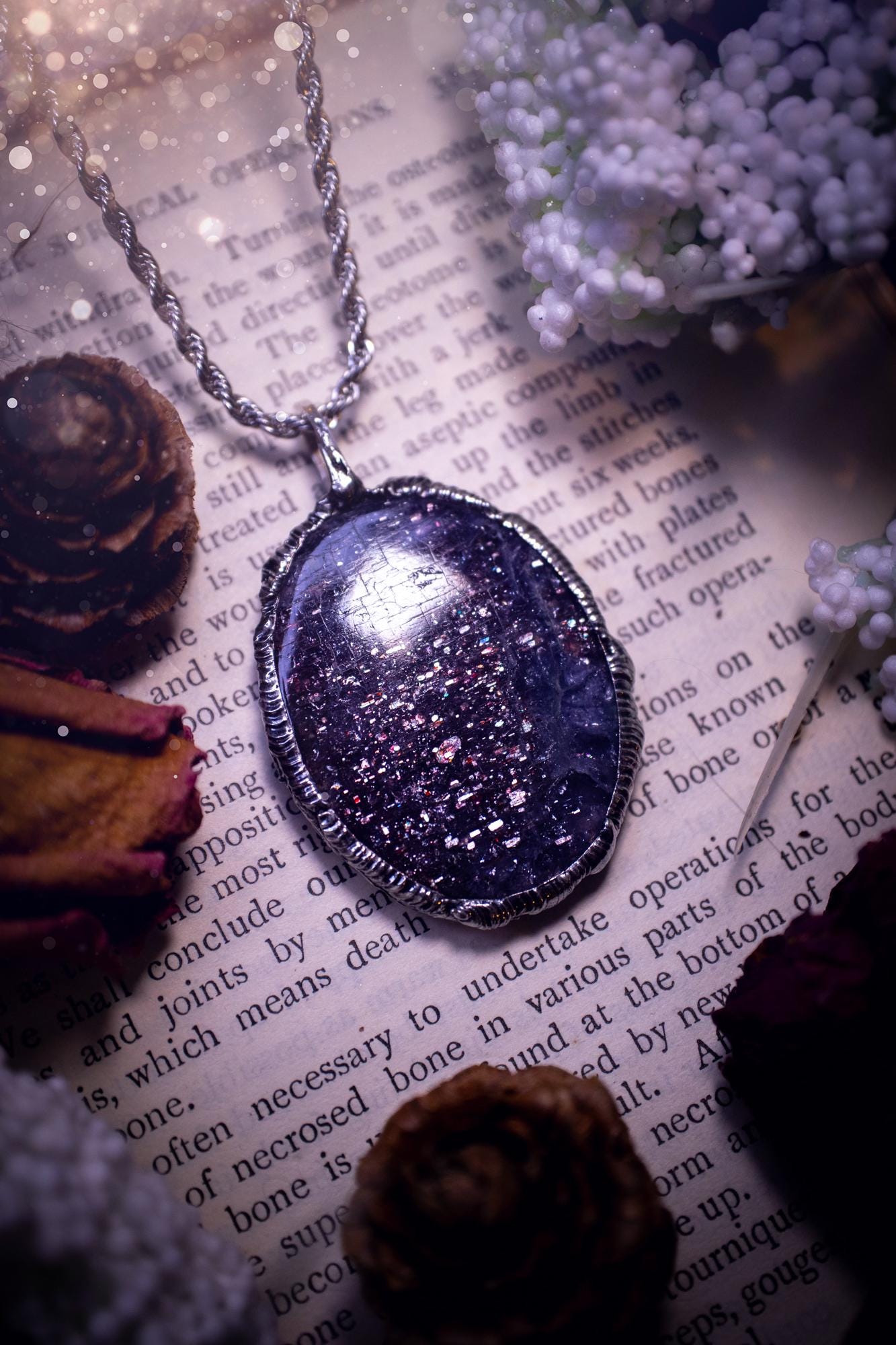 Beautiful and very unique, iolite sunstone crystal, soft soldered pendant necklace. This pendant feature the most sparkly iolite sunstone crystal and is full of purple hues with shimmer! Handmade using the tiffany technique, also known as soft soldering. This piece is made from solder which contains metals and silver and is safe to wear. The ideal gift for any jewellery lover and crystal collector! Witchy, gothic and hippy jewellery that has been made for the soul.