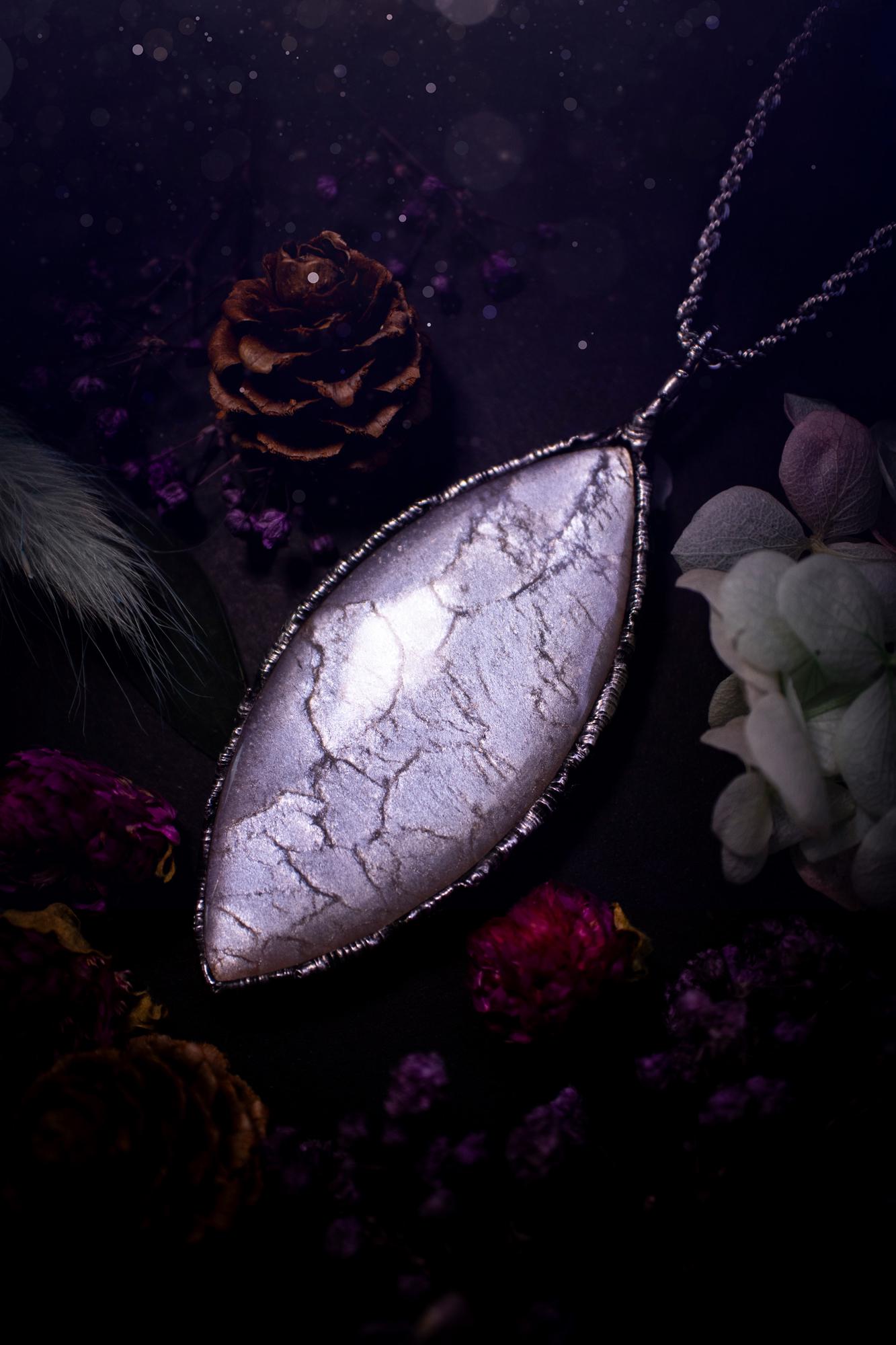 Handmade and beautiful, flashy, grey, soft soldered pendant necklace. This pendant necklace features the most gorgeous and flashy grey moonstone crystal, full of glittery shimmer and a deep lovely silvery grey hue. Handcrafted using the soft solder method, also known as the tiffany technique, an ancient technique used to created stained glass windows. The solder used is lead free and totally safe to wear, it contains elements of silver and polishes up to a high lustre. Gothic witchy jewellery