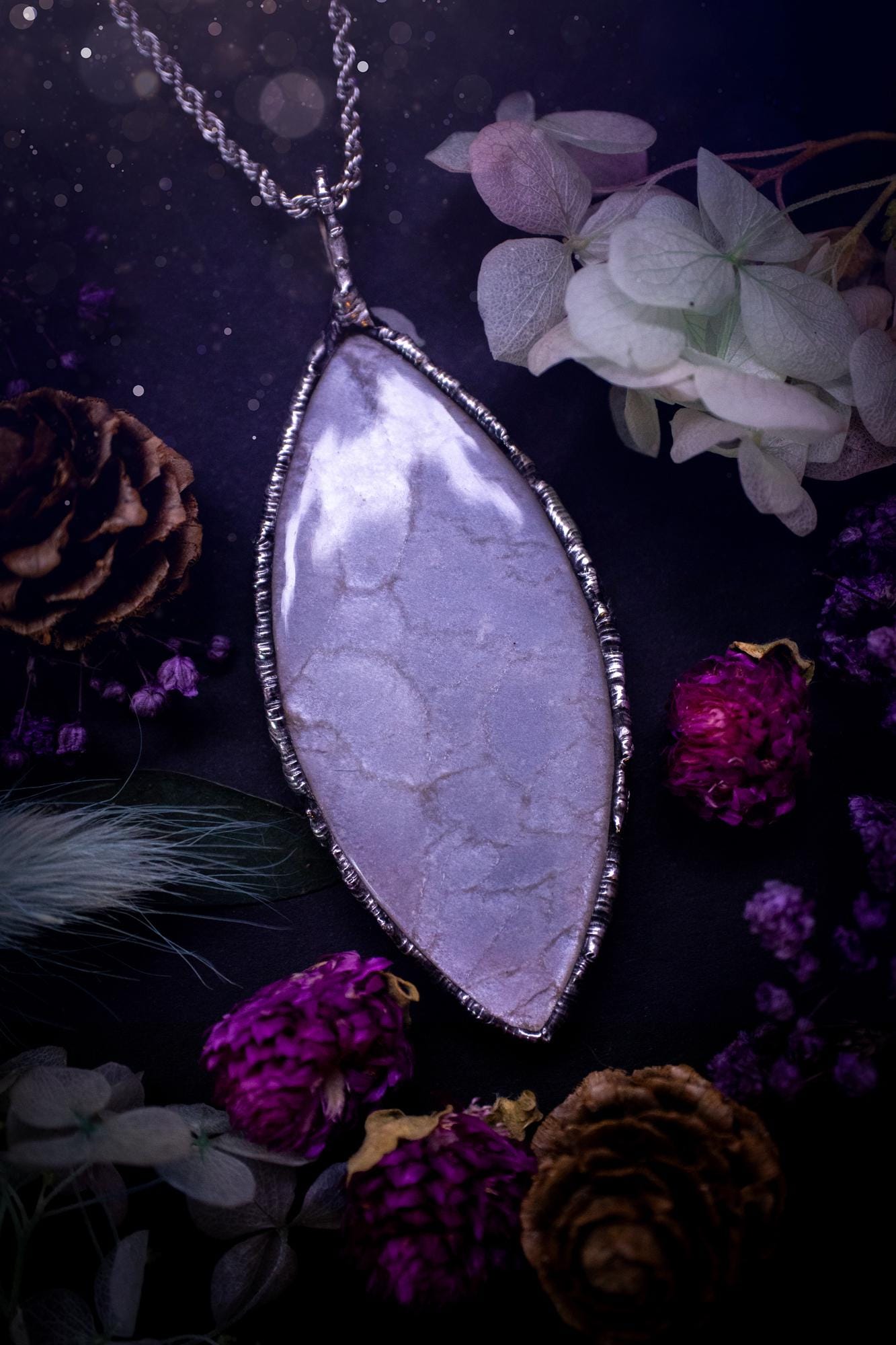 Handmade and beautiful, flashy, grey, soft soldered pendant necklace. This pendant necklace features the most gorgeous and flashy grey moonstone crystal, full of glittery shimmer and a deep lovely silvery grey hue. Handcrafted using the soft solder method, also known as the tiffany technique, an ancient technique used to created stained glass windows. The solder used is lead free and totally safe to wear, it contains elements of silver and polishes up to a high lustre. Gothic witchy jewellery