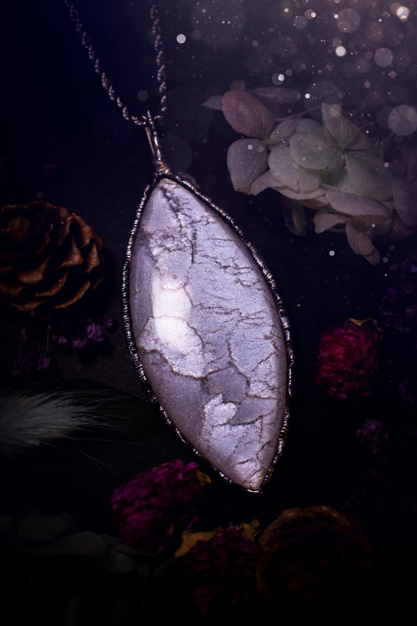 Handmade and beautiful, flashy, grey, soft soldered pendant necklace. This pendant necklace features the most gorgeous and flashy grey moonstone crystal, full of glittery shimmer and a deep lovely silvery grey hue. Handcrafted using the soft solder method, also known as the tiffany technique, an ancient technique used to created stained glass windows. The solder used is lead free and totally safe to wear, it contains elements of silver and polishes up to a high lustre. Gothic witchy jewellery