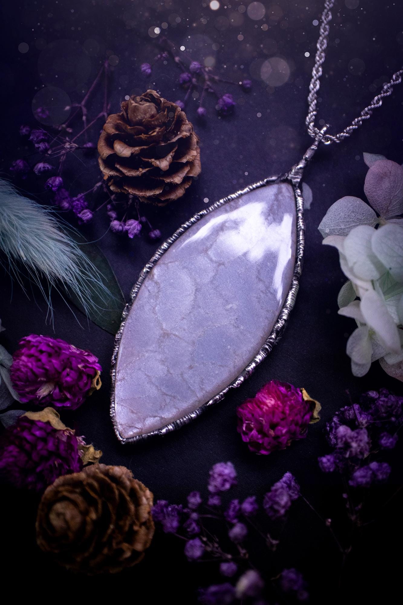 Handmade and beautiful, flashy, grey, soft soldered pendant necklace. This pendant necklace features the most gorgeous and flashy grey moonstone crystal, full of glittery shimmer and a deep lovely silvery grey hue. Handcrafted using the soft solder method, also known as the tiffany technique, an ancient technique used to created stained glass windows. The solder used is lead free and totally safe to wear, it contains elements of silver and polishes up to a high lustre. Gothic witchy jewellery