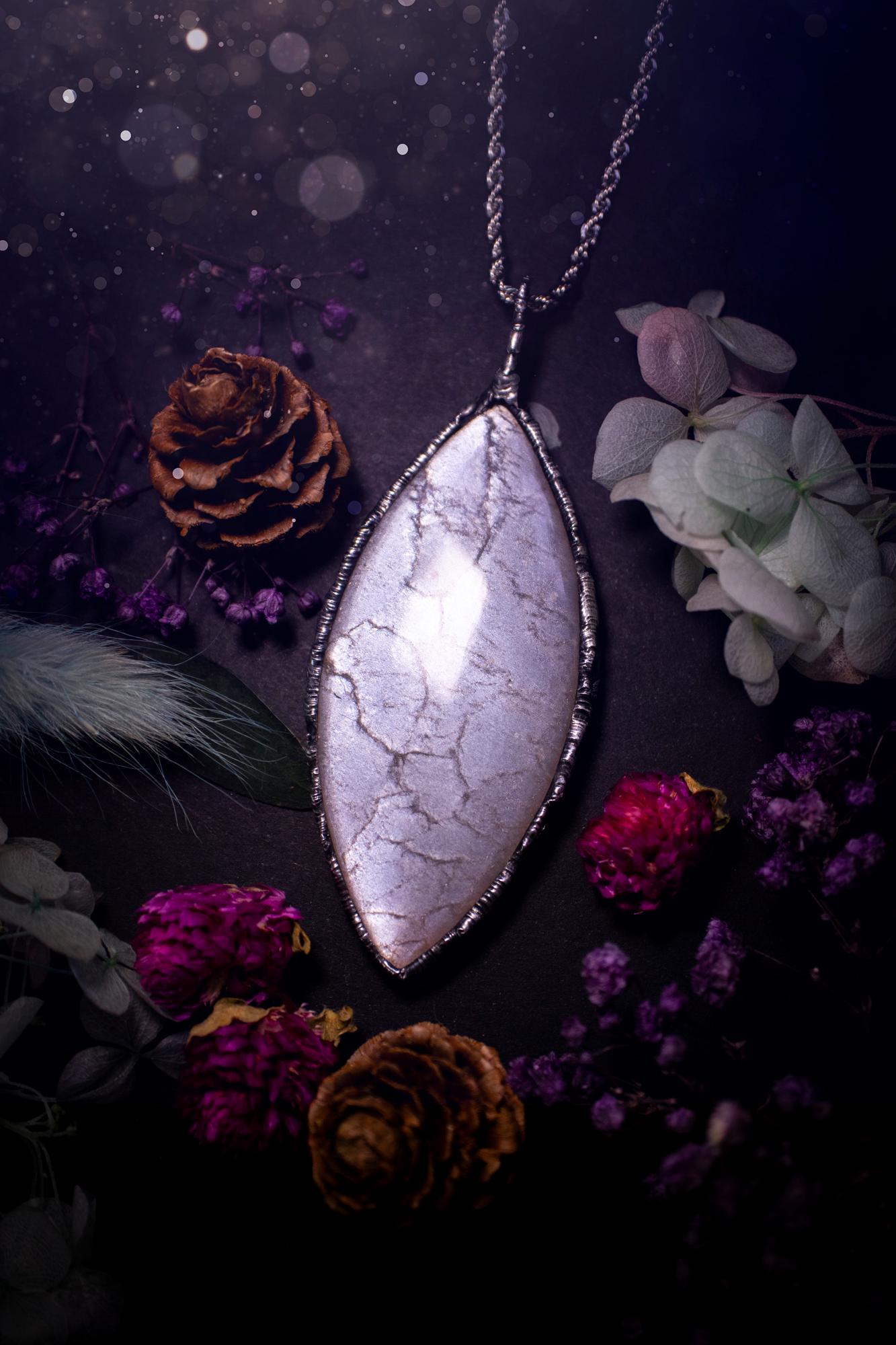 Handmade and beautiful, flashy, grey, soft soldered pendant necklace. This pendant necklace features the most gorgeous and flashy grey moonstone crystal, full of glittery shimmer and a deep lovely silvery grey hue. Handcrafted using the soft solder method, also known as the tiffany technique, an ancient technique used to created stained glass windows. The solder used is lead free and totally safe to wear, it contains elements of silver and polishes up to a high lustre. Gothic witchy jewellery