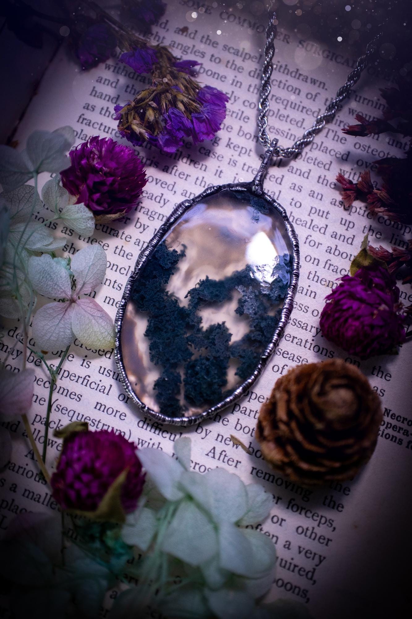 Absolutely stunning, and totally unique, moss agate crystal, soft soldered pendant necklace. This beautiful pendant features a very high quality moss agate crystal that has beautiful mossy definition and patterns. The crystal looks like it has a little forest captured inside. This pendant has been made using the soft solder method also known as the tiffany technique. This piece of jewellery would be ideal for any jewellery or crystal lover and is full of hippy, gothic and witchy goodness!
