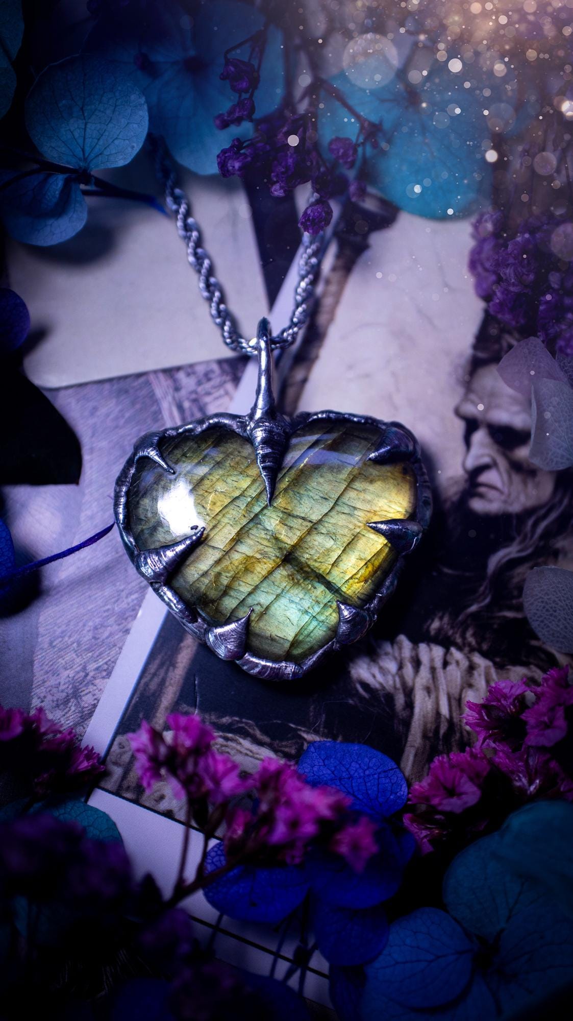 Beautiful, handmade and totally bespoke, green and yellow, labradorite crystal heart, pendant necklace. This jewellery piece has been handcrafted using the soft solder method, using lead free solder that contains silver, then oxidised to create a gothic mystical look. Featuring a beautiful multi flash labradorite heart with the flash shifting from green to yellow. A lovely piece ideal for anyone who loves crystals and jewellery. This is a one of a kind piece with no other the same, gothic design