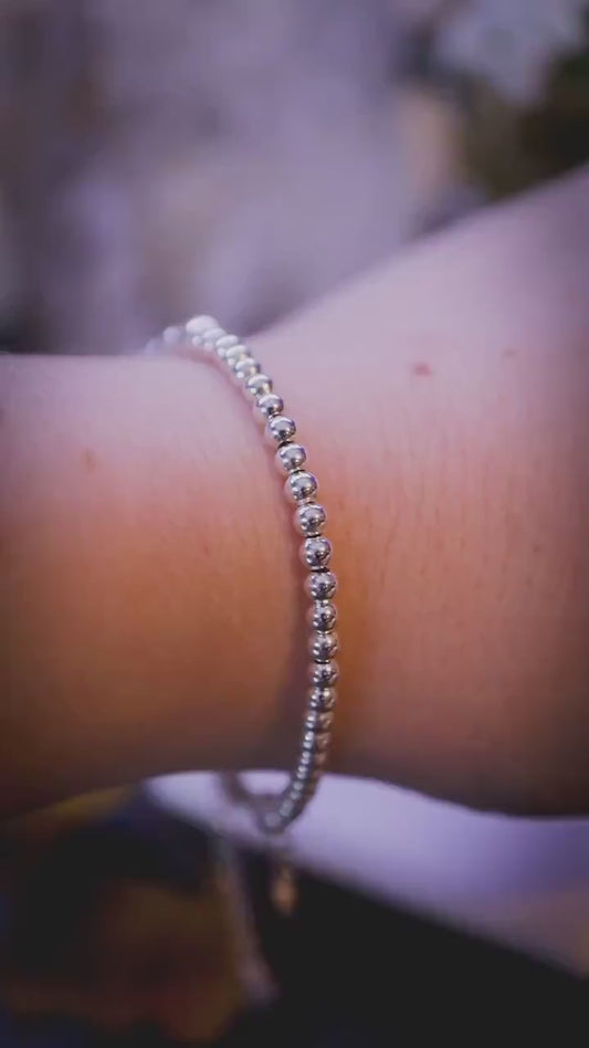 Beautifully handmade, 3mm sterling silver beaded stacking bracelet with moon charm - handmade gifts