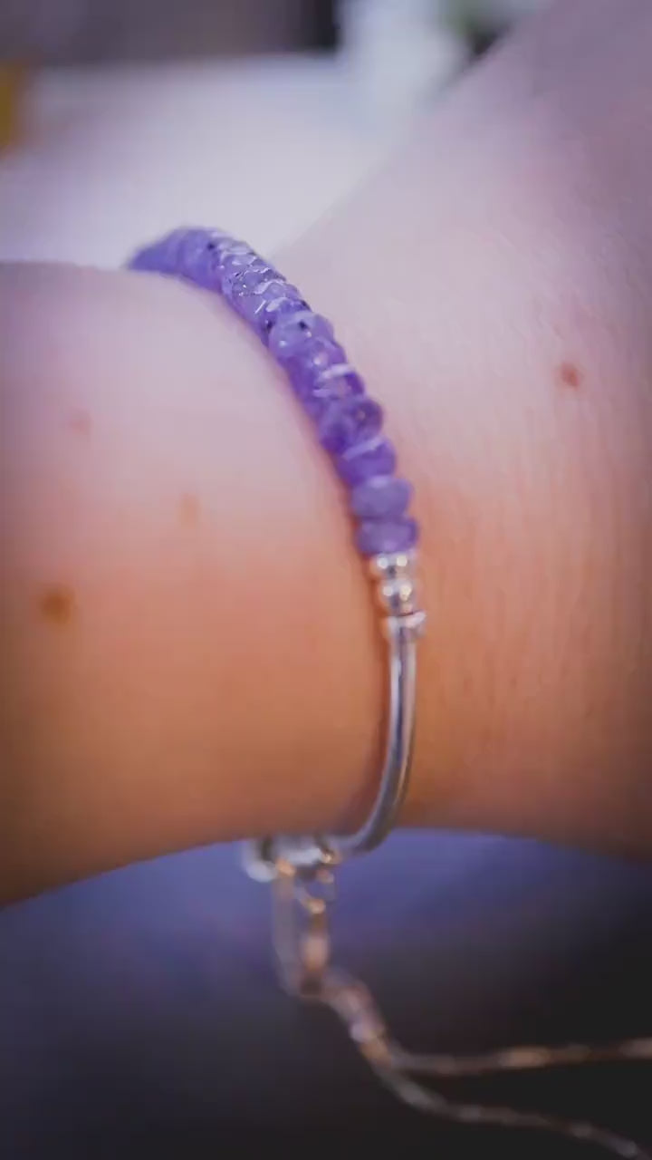 Beautifully handmade, Tanzanite crystal, sterling silver stacking slider bracelet with moon charm - handmade gifts