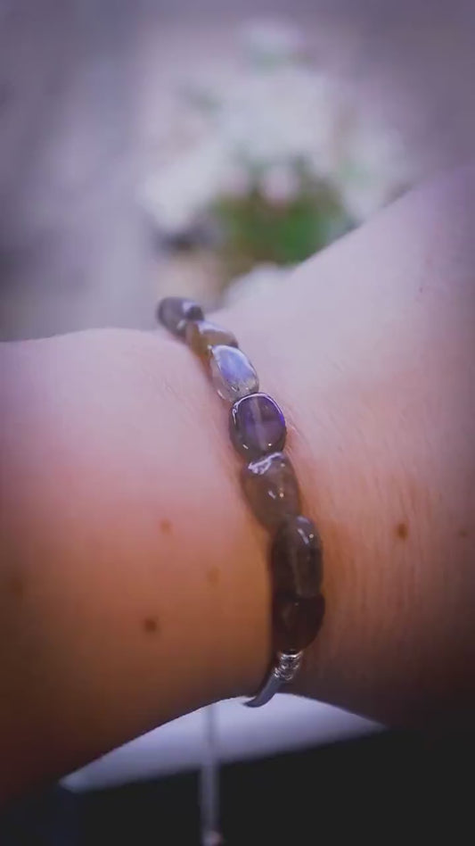 Beautifully handmade, Labradorite nugget, sterling silver stacking slider bracelet with moon charm - handmade gifts