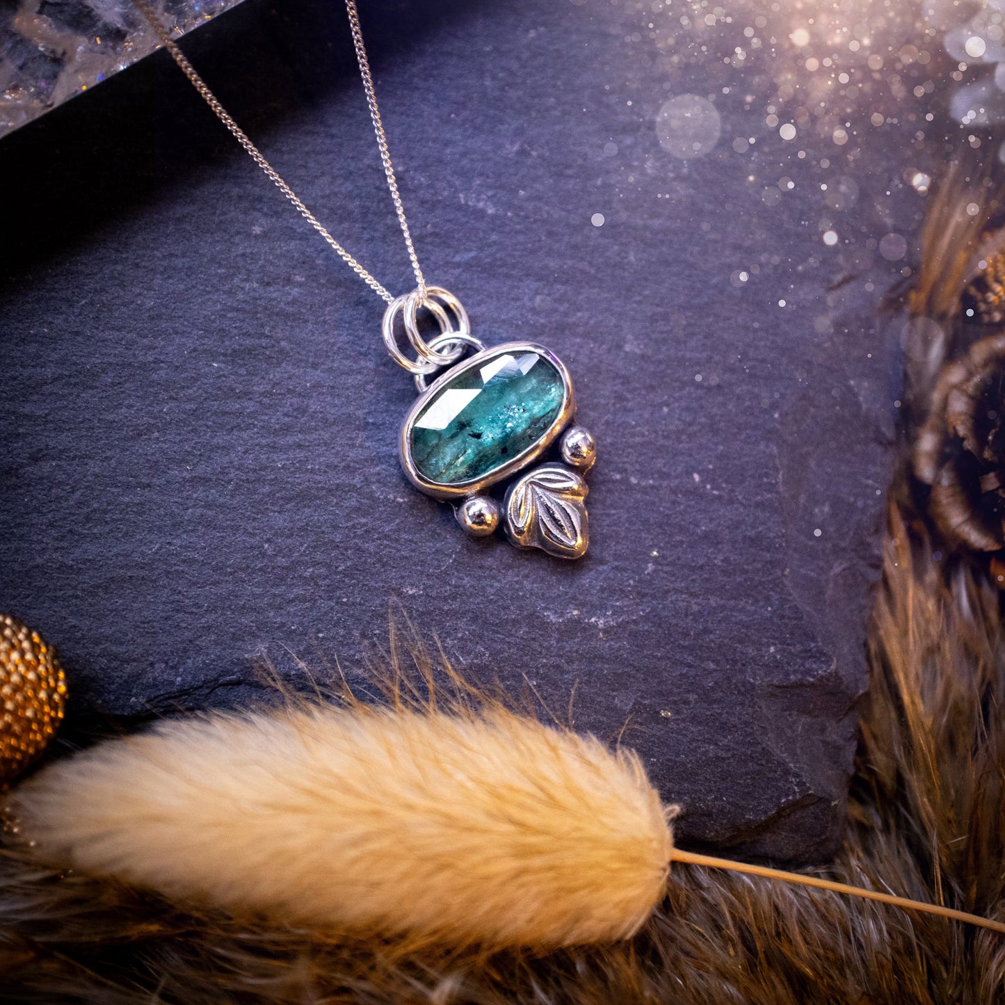 Made to order - Stunning, handmade, Teal Kyanite crystal, sterling silver pendant. Teal Kyanite pendant made to order and handmade by myself with love and care. It features a beautiful, rose cut, natural teal, kyanite gemstone that has an array of sea greens, blues and a gorgeous sparkle! Ideal gift for jewellery lover