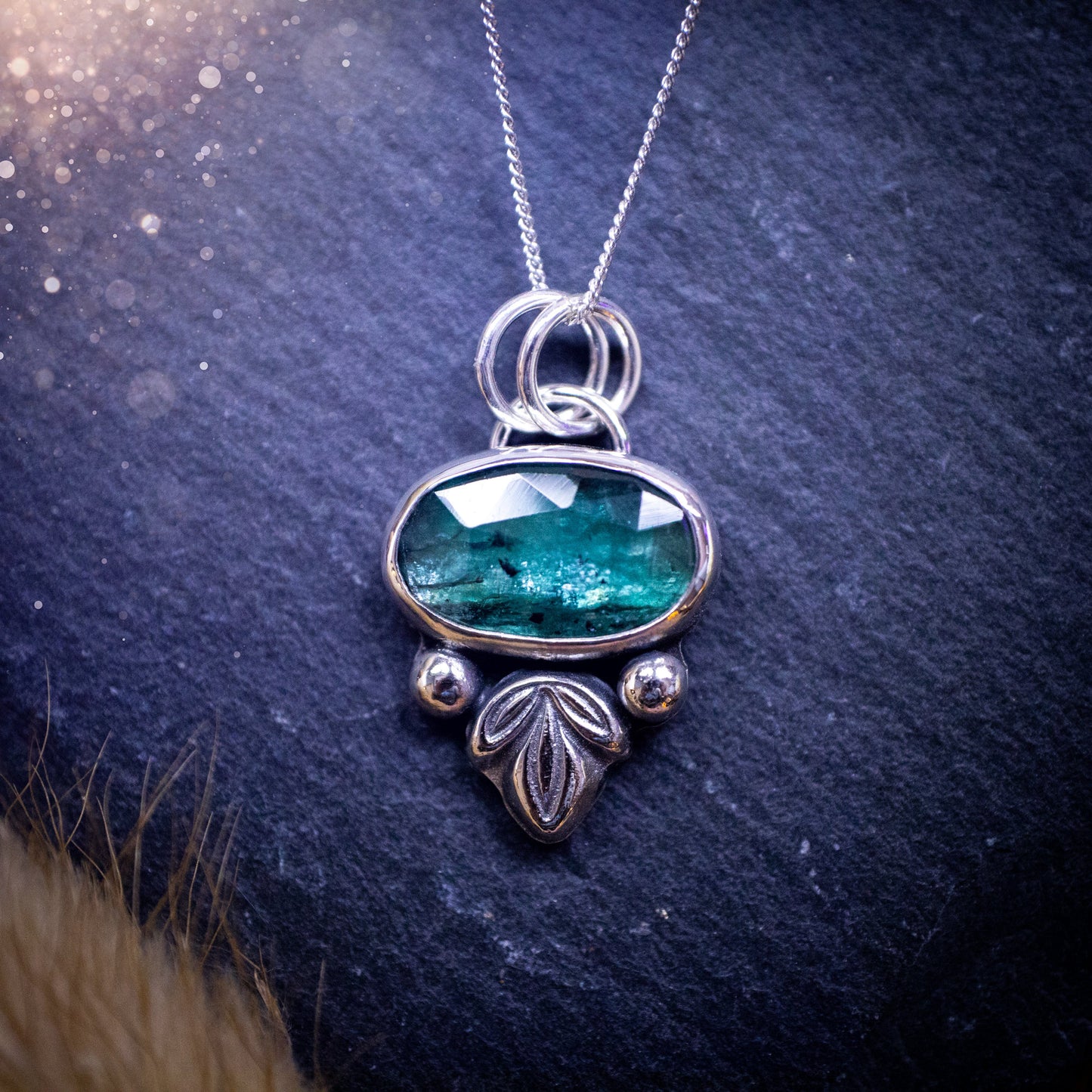 Made to order - Stunning, handmade, Teal Kyanite crystal, sterling silver pendant. Teal Kyanite pendant made to order and handmade by myself with love and care. It features a beautiful, rose cut, natural teal, kyanite gemstone that has an array of sea greens, blues and a gorgeous sparkle! Ideal gift for jewellery lover