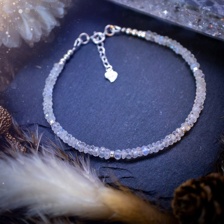 Beautiful handmade rainbow moonstone crystal bracelet. This bracelet has been strung using high quality 49 strand beading wire, in a choice of findings such as sterling silver and gold filled.