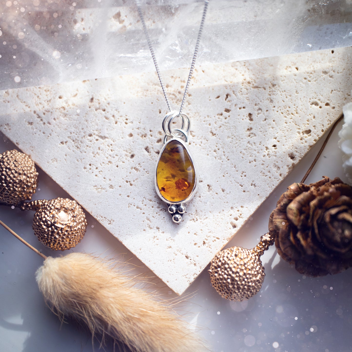 Handmade, minimal sterling silver amber pendant - Made to Order