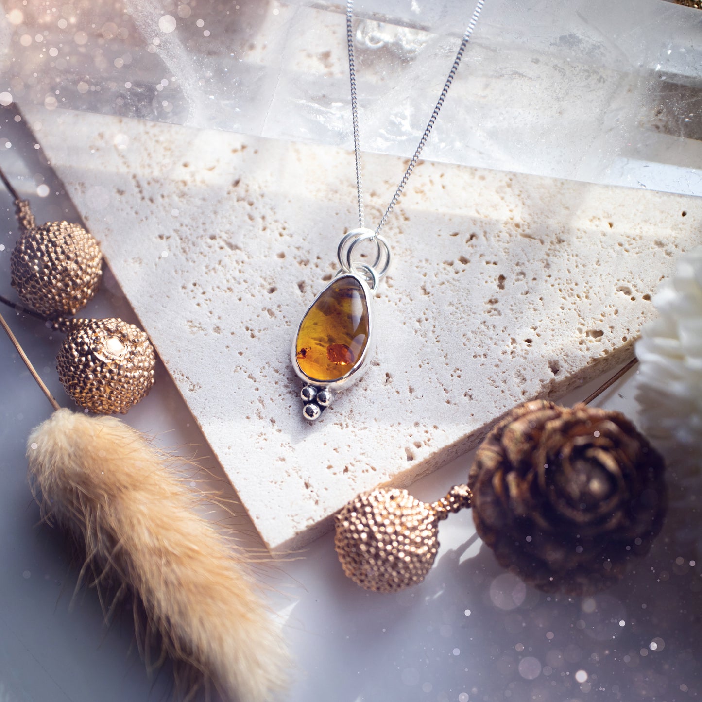 Handmade, minimal sterling silver amber pendant - Made to Order