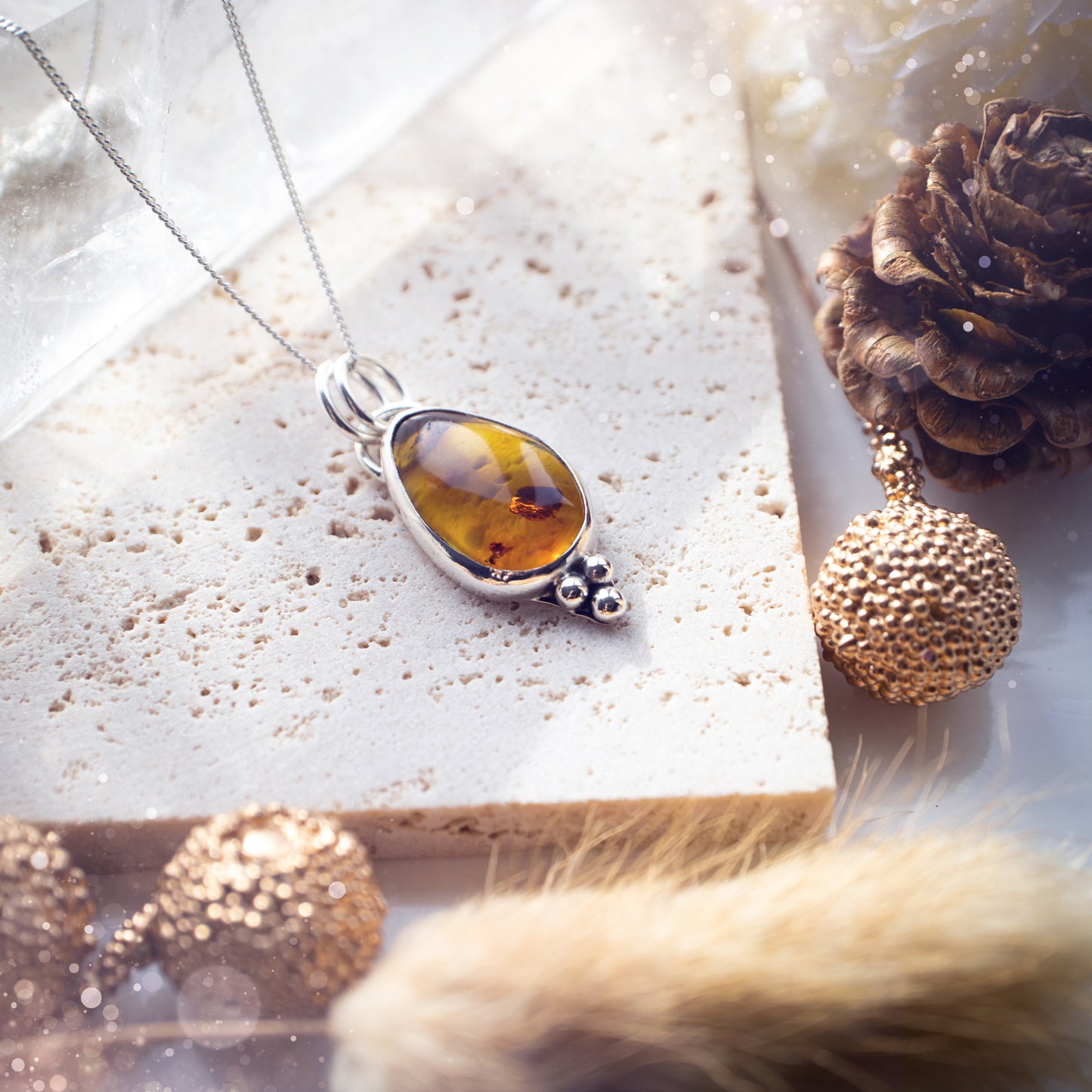 Handmade, minimal sterling silver amber pendant - Made to Order