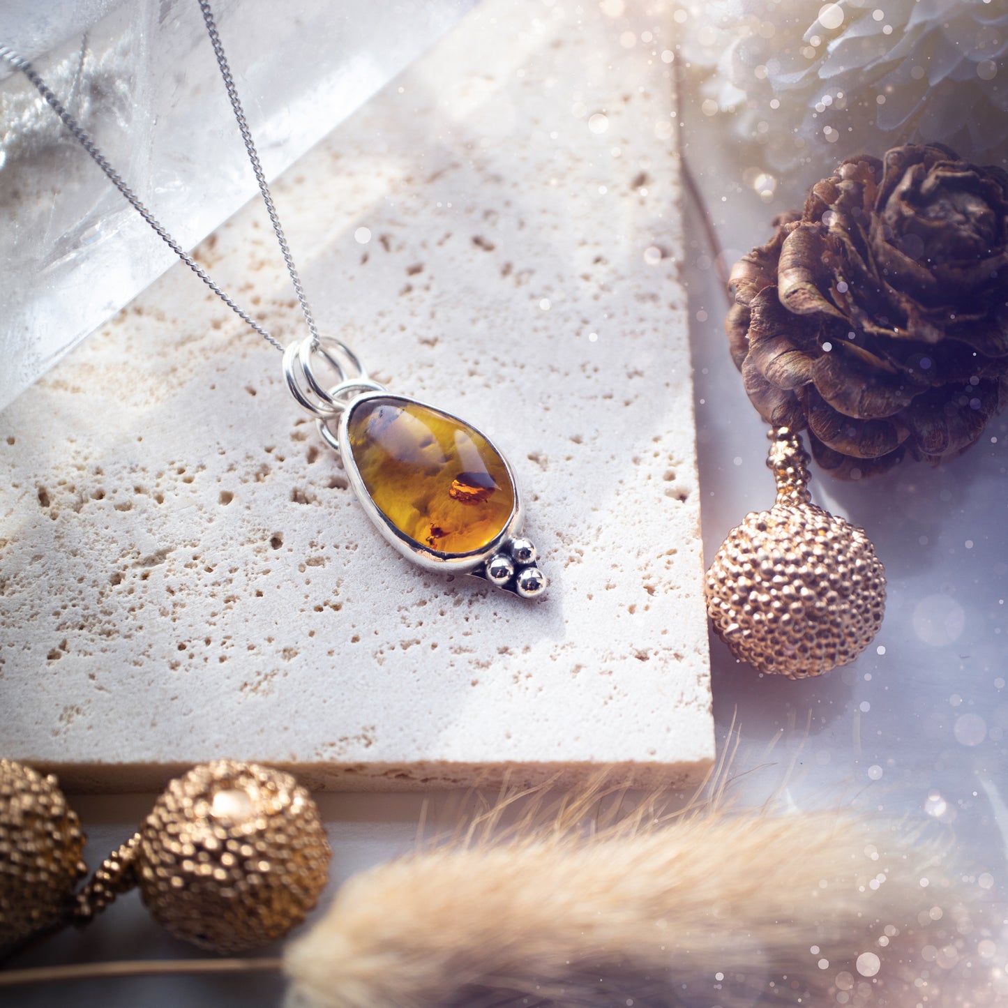 Handmade, minimal sterling silver amber pendant - Made to Order