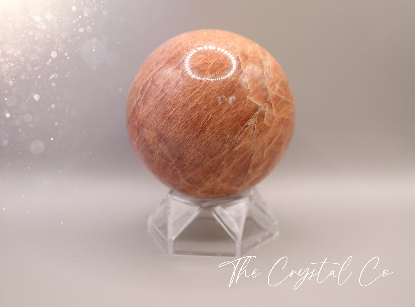 Flashy Peach Moonstone Sphere, 489 g, Fertility and Emotional Support