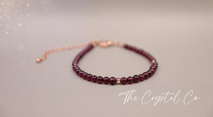 Dainty Garnet Bracelet, Beautiful Garnet Crystal beads, Rose Gold Plated Findings, Adjustable with extension chain, Passion and Love