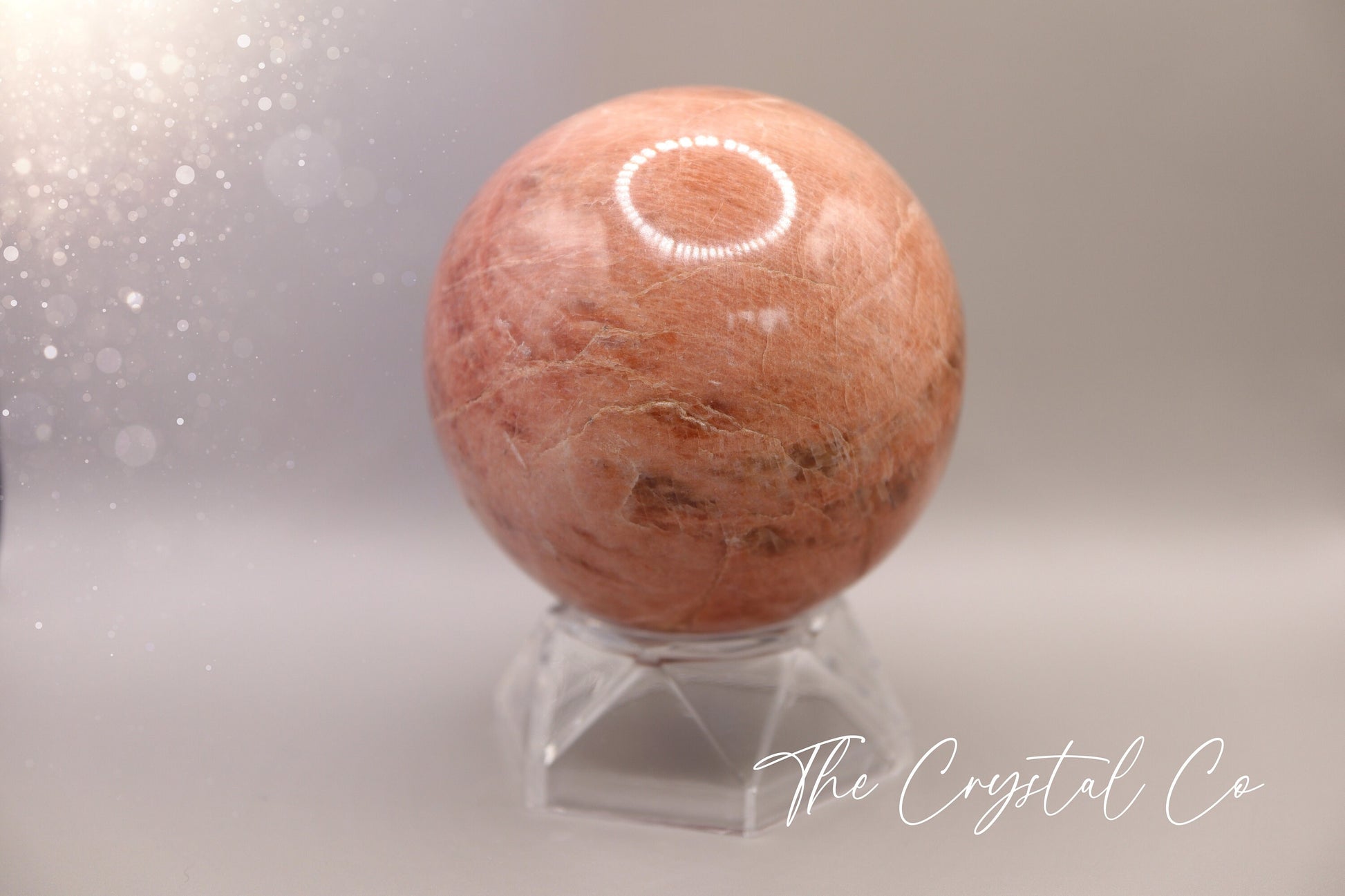 Flashy Peach Moonstone Sphere, 466 g, Fertility and Emotional Support