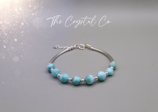 Dainty Beautiful handmade Larimar beaded bracelet with 925 sterling silver tubing, beads and findings for peace & serenity