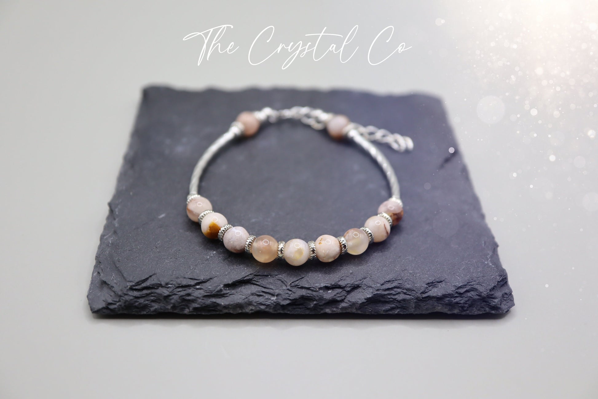 Dainty Beautiful handmade Flower Agate / Cherry Blossom Agate bracelet with silver tubing, beads and findings Birthday Gift