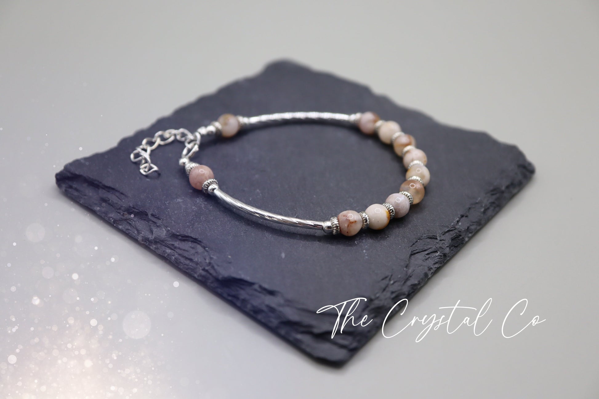 Dainty Beautiful handmade Flower Agate / Cherry Blossom Agate bracelet with silver tubing, beads and findings Birthday Gift